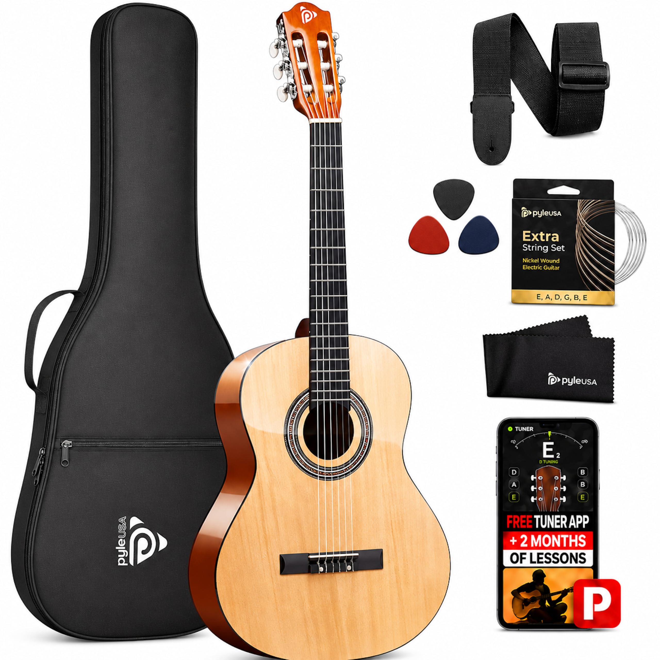 Pyle Kit per chitarra acustica per principianti, 1/2 Junior Size All Wood Instrument con kit di accessori completo, plettri, tracolla, custodia, panno per la pulizia, app accordatore, lezioni di 2