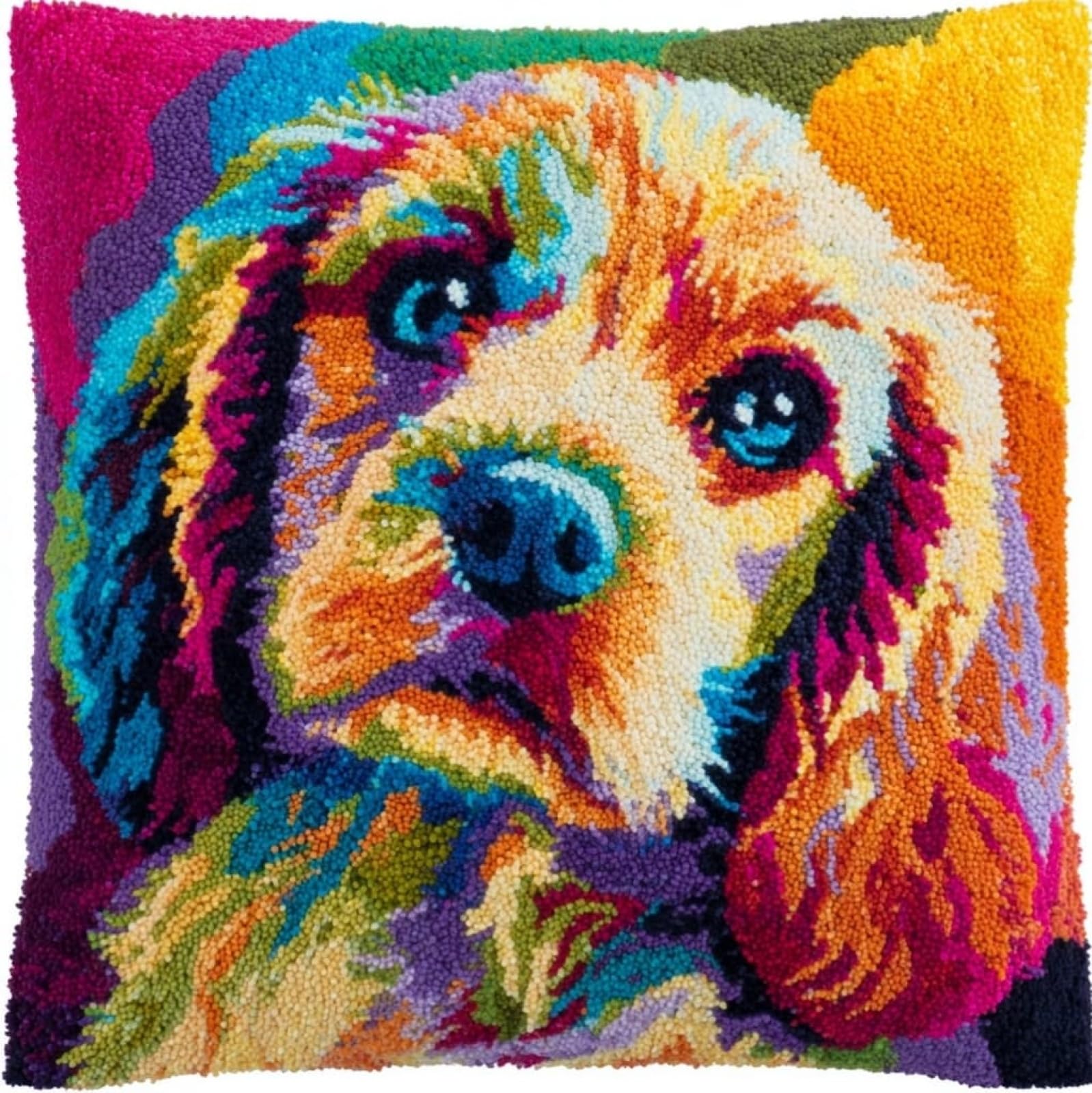 AxiangziK Latch Hook Cushion Kit 17x17in,Charles Spaniel Animal Dog DIY Pillow Kit for Adults Beginners,Pre-Printed Canvas & Pre-Cut Yarn,Handmade Craft Cushion Cover Set