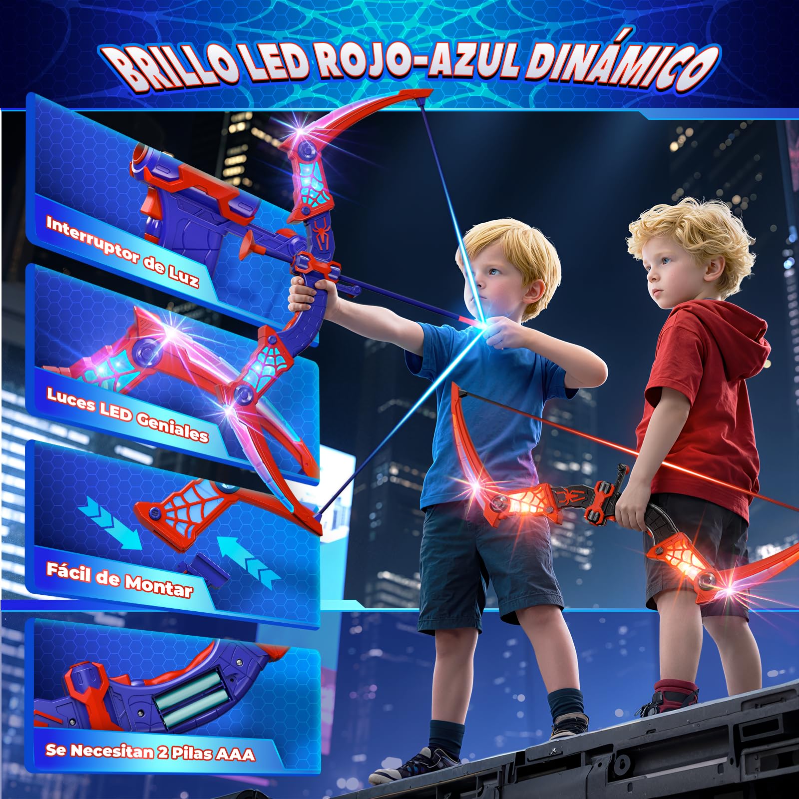 Kidluna Juguetes Niños 3 4 5 6 7 8 9 10 Años, 2 ArcoFlecha con Luces LED Rojas & Azules, 2 Carcaj, Diana Telaraña, Juegos Exterior Niños 3-10, Regalos Cumpleaños para Niños de 3-12 Años