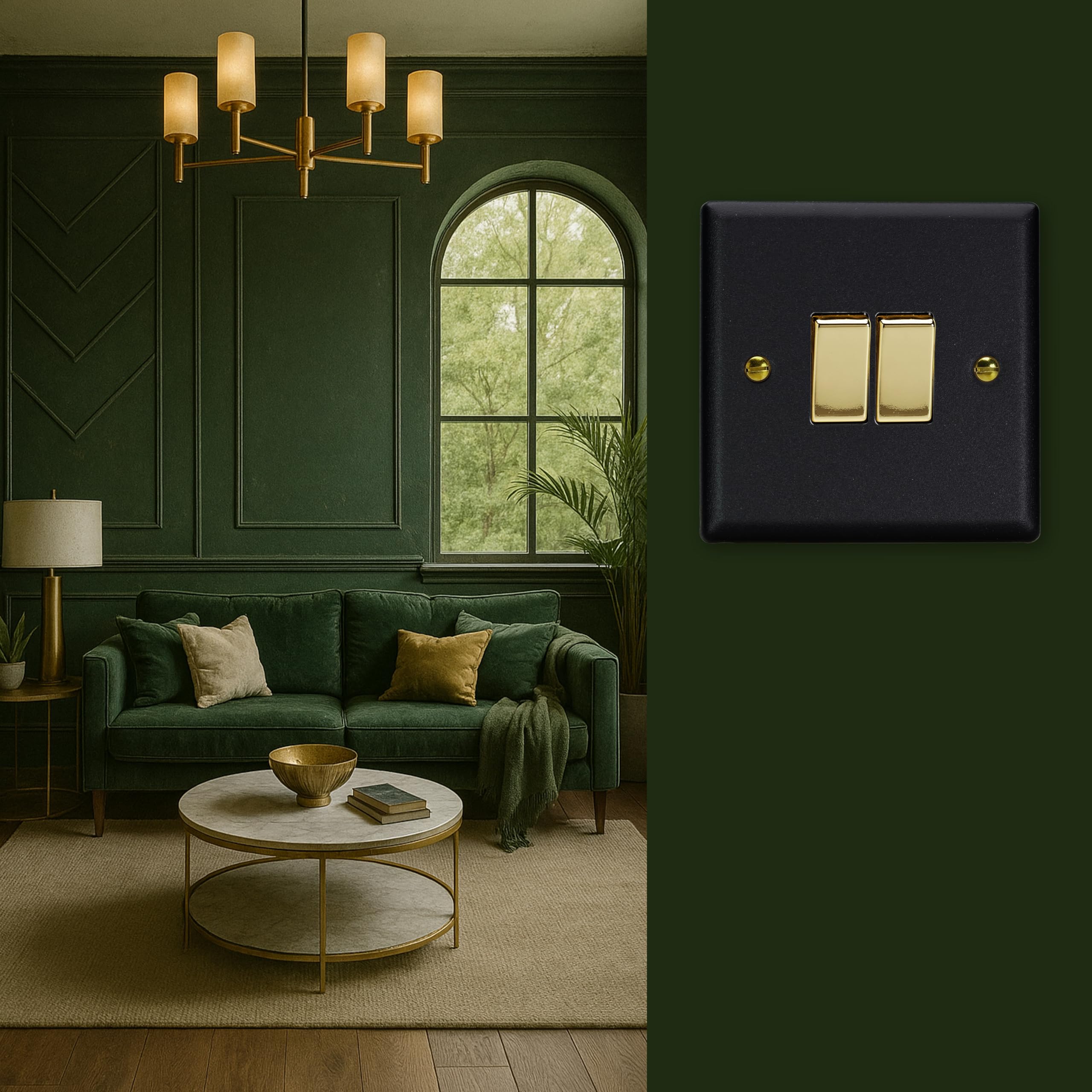 Varilight Double Rocker Light Switch 2-Way - Vogue Matt Black With Polished Brass Rockers, XY2V.MB - Image 2