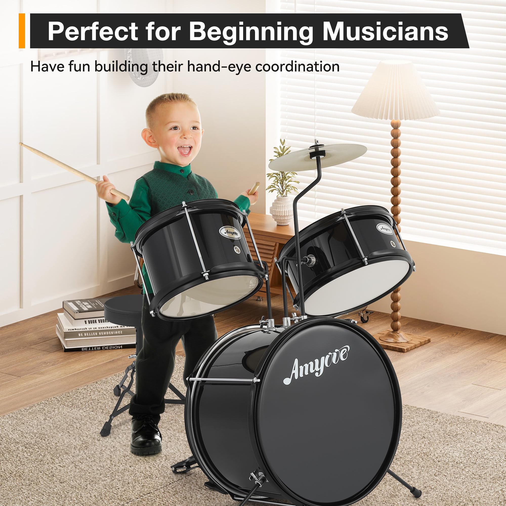 Set Batteria Bambini 3 Pezzi – Kit Principianti con Grancassa, 2 Tom, Piatti, Pedale, Sgabello, Bacchette – Strumento Musicale Educativo per Jazz e Rock – Materiale Legno/Metallo – Nero