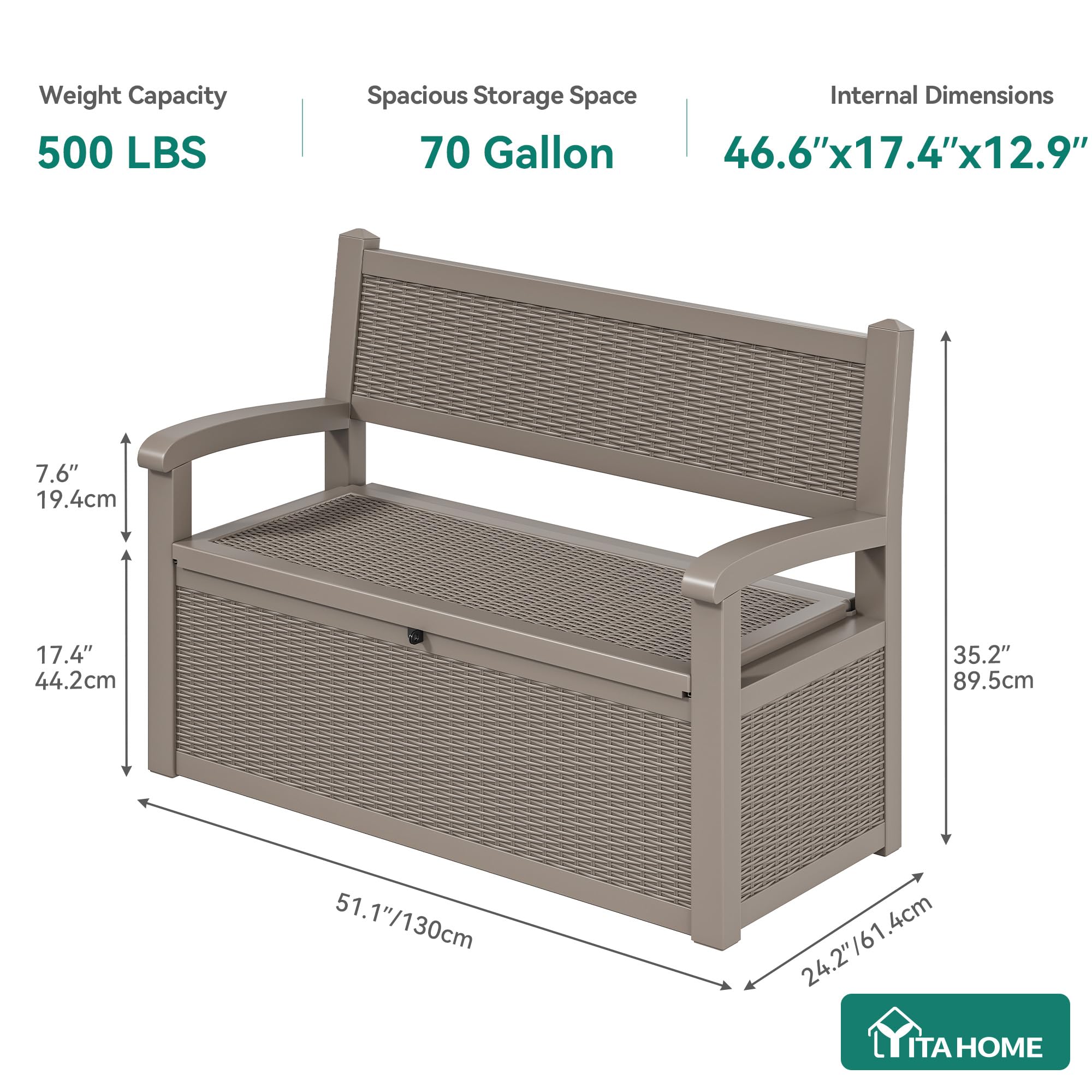 YITAHOME 265L Aufbewahrungsbank Sitzkasten, Abschließbare Gartenbox, Wetterfeste Outdoor Kiste für Terrassenkissen, Gartengeräte & Poolzubehör – Hellbraun