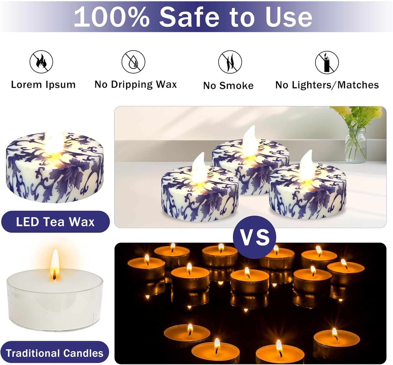 Floral Flameless Tealights with Remote - 12 Pack Blue and White LED Tealight Candles Battery Operated Tea Lights Safe Realistic Flickering for Home Decor Wedding Party,TLT12P-BW