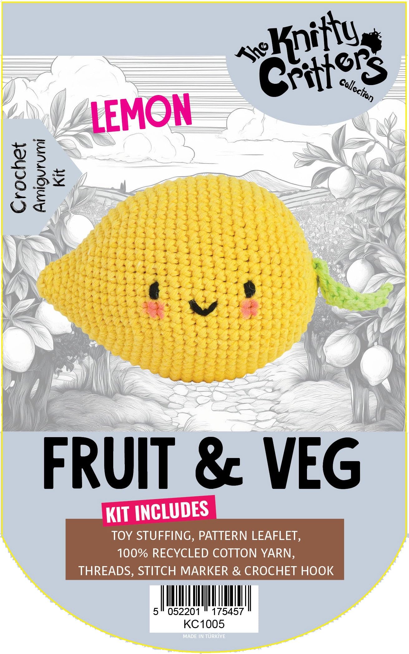 KNITTY CRITTERS – Fruit and Veg Crochet Kit – Lemon| Beginner-Friendly Crochet Craft Kit with Recycled Yarn