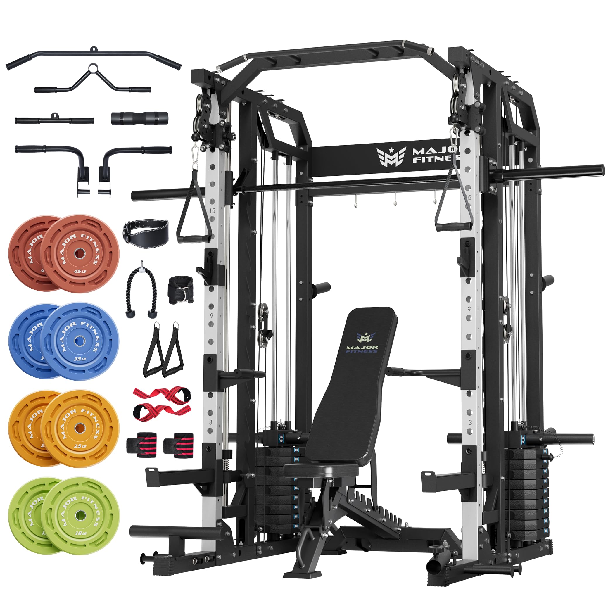 Major Fitness Drone2 Advanced Training Smith Machines– All-in-One Home Gym Squat Rack with Aluminum Pulley Set , Weight Bar, Dual LAT Pull-Down Systems & Cable Crossover Machine for Full-Body Workouts