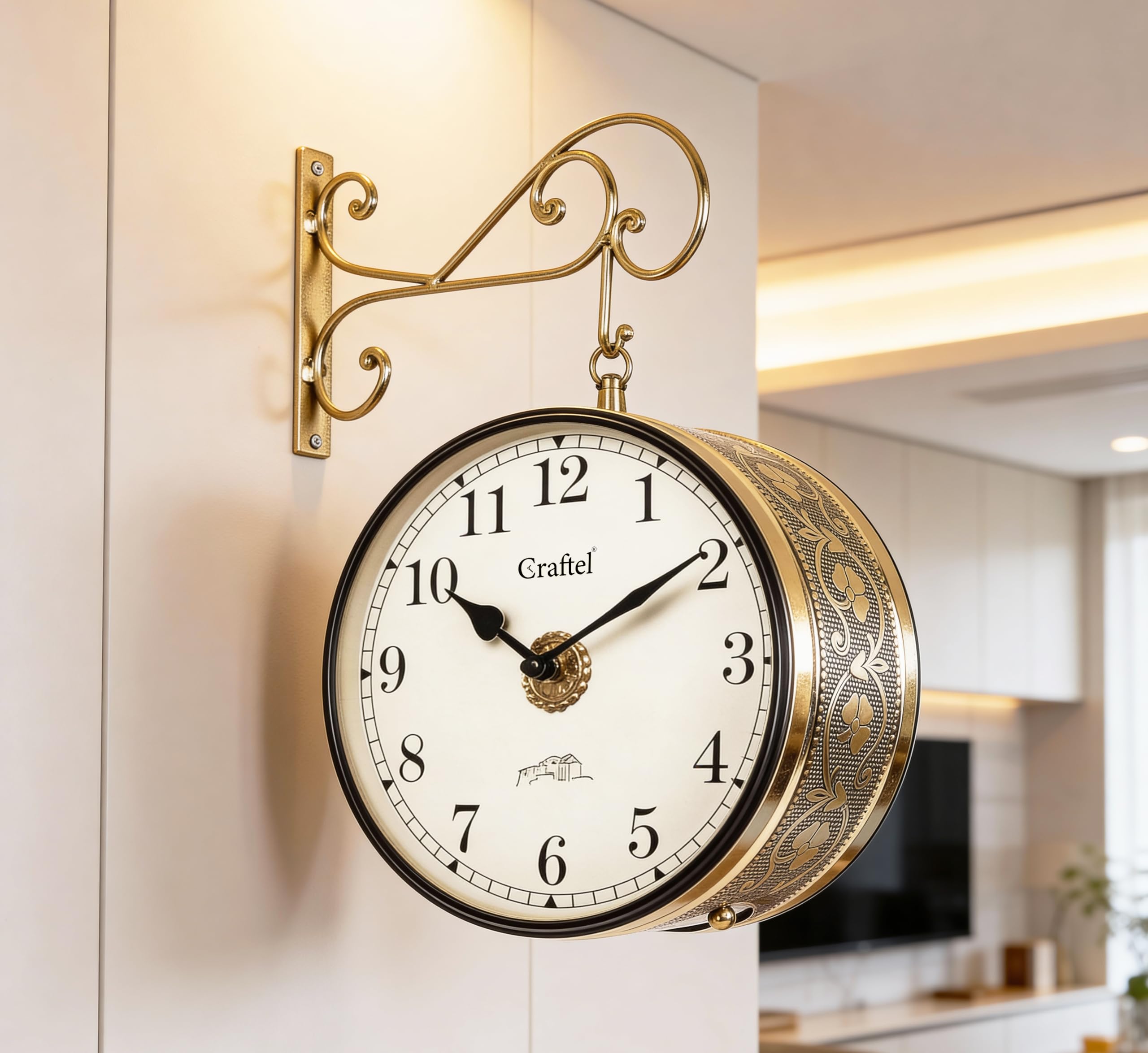CRAFTEL Classic English Dial Double Sided Station Wall Clock | Both Side English Numerals | Multi-Layer Electroplated | Aluminum Matte Dial | Dial - 10 Inches, Shiny Gold | 365 Days Warranty