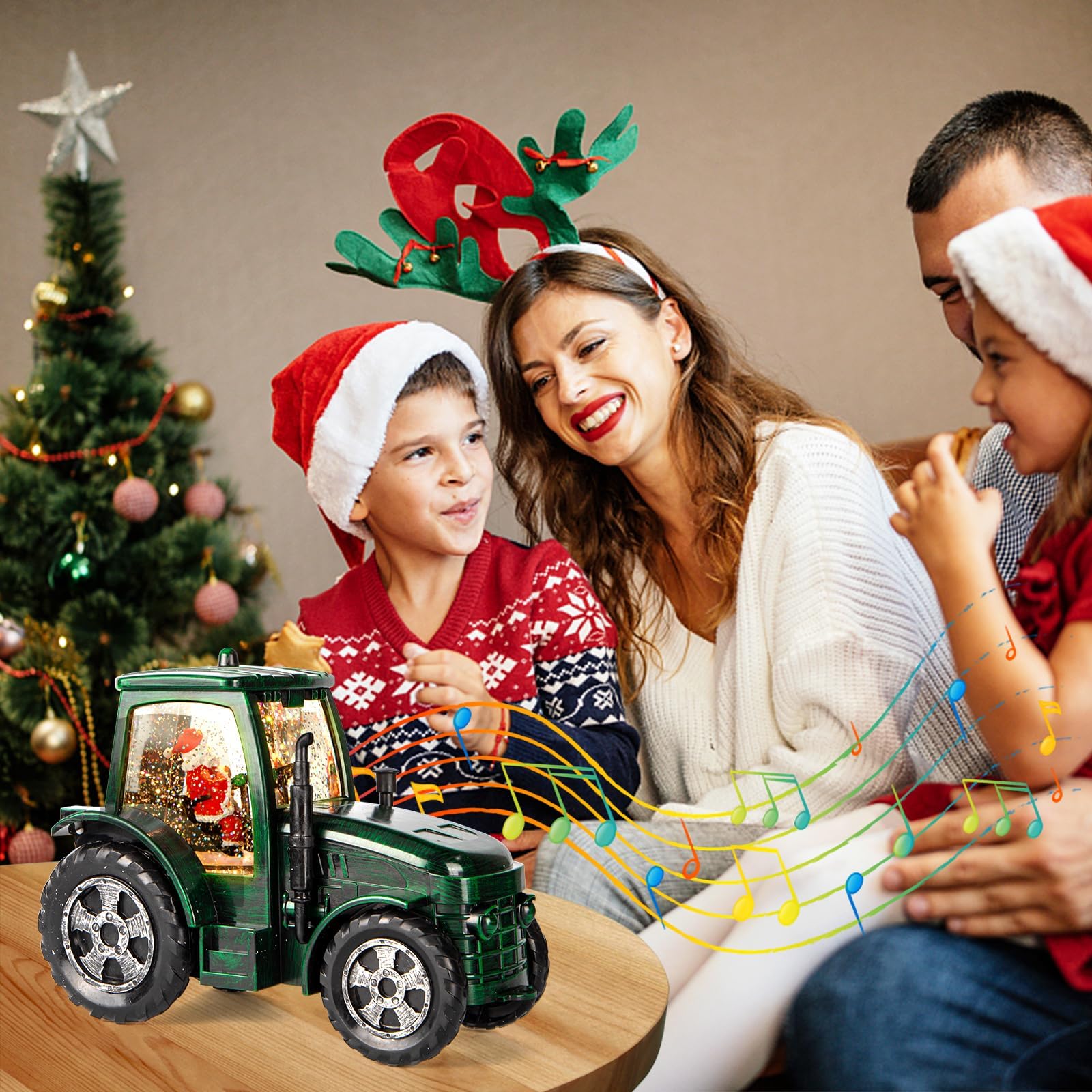 Boule à Neige de Noël, Tracteur Vert, minuterie 6h, Lanterne de Noël Musicale éclairée par Piles et USB, décoration de Noël à Paillettes, Cadeaux pour Vieil Homme, père