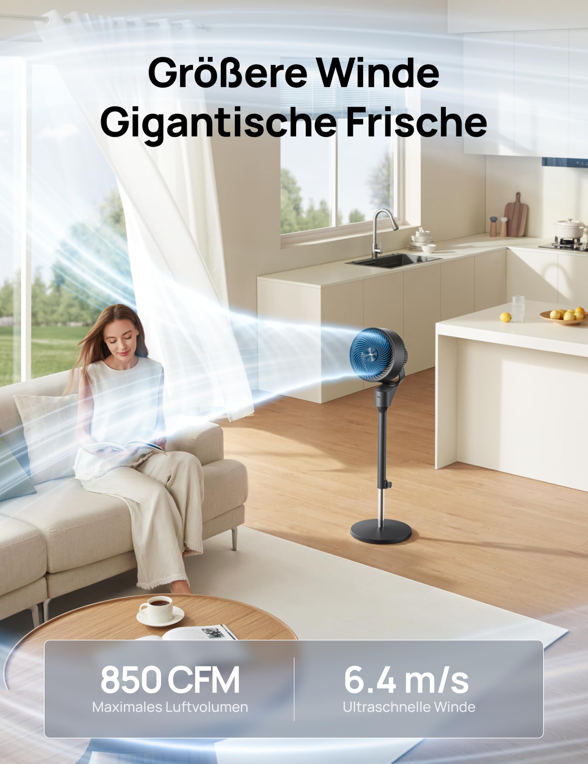 DREO Ventilator für Schlafzimmer, 80° oszillierender Standventilator, 20dB leise, 24m Reichweite, 90° manuelle vertikale Neigung, 3 Stufen, Fernbedienung, 86–104 cm höhenverstellbar, Luftzirkulator