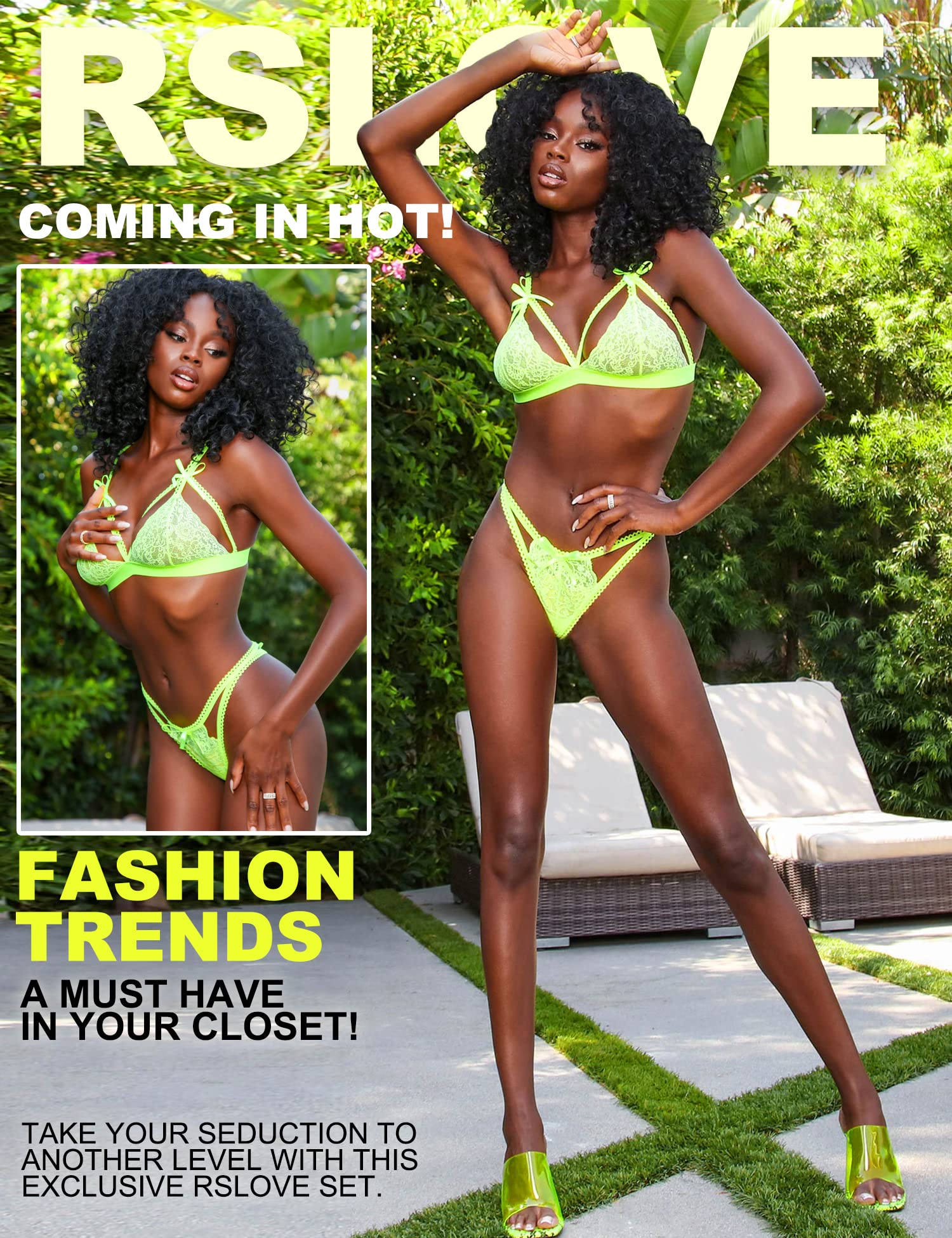 RSLOVE Women Lingerie Sets with Garter Belt 3 Piece Lace Teddy Babydoll Bodysuit: Large Neon Yellow