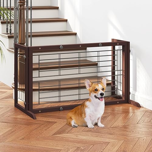 Miniatura 7 de COZIWOW Puerta para perros de 38 a 67 pulgadas, puerta independiente para mascotas, extra ancha, valla de madera para cachorros, puertas de