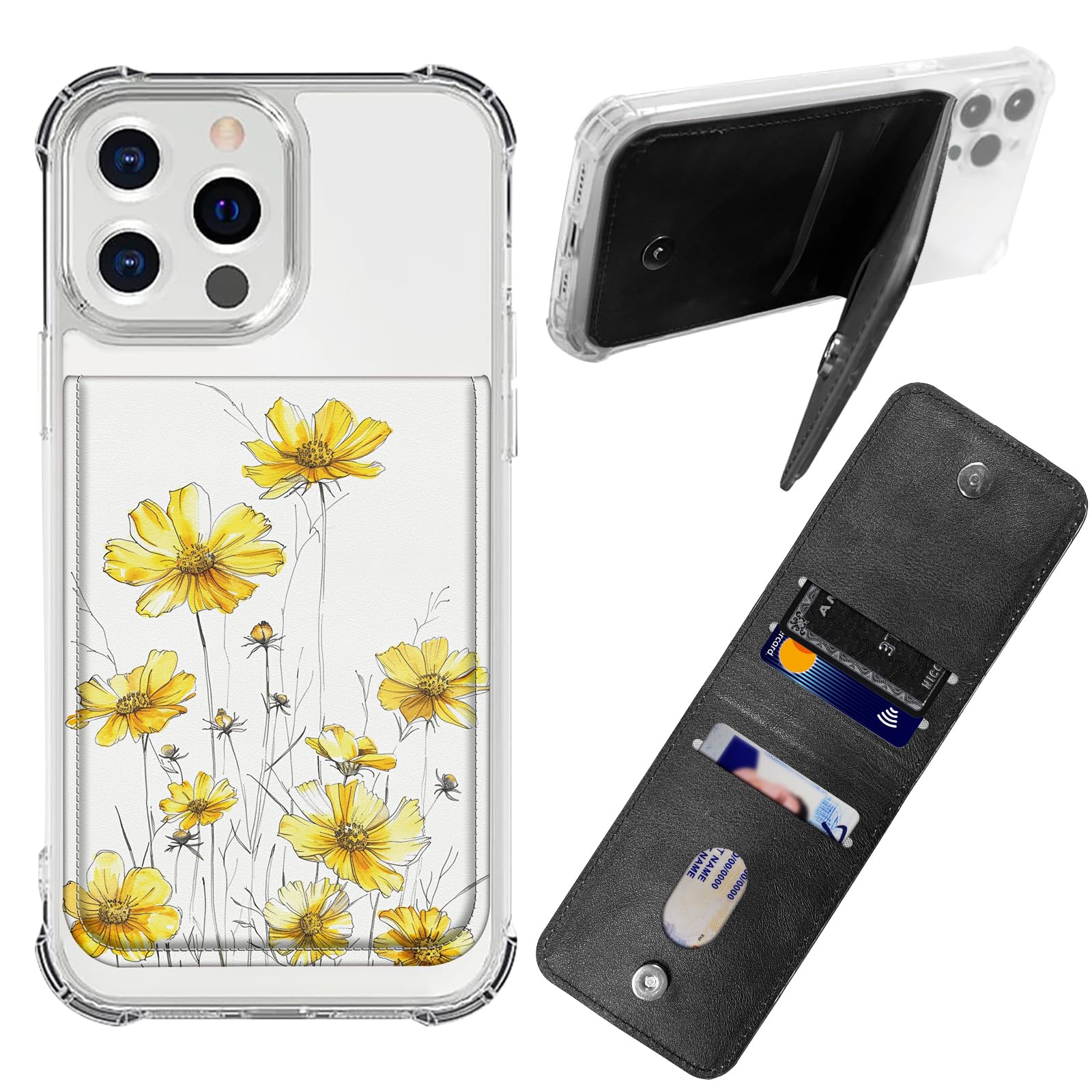 BWEGRHE Adhesive Phone Sleeve, Wallet Stick On Phone PU Leather Credit ID Card Holder RFID Blocking Universally Pocket Cover, Little Wallet Design for Most Smartphones, Yellow Daisy