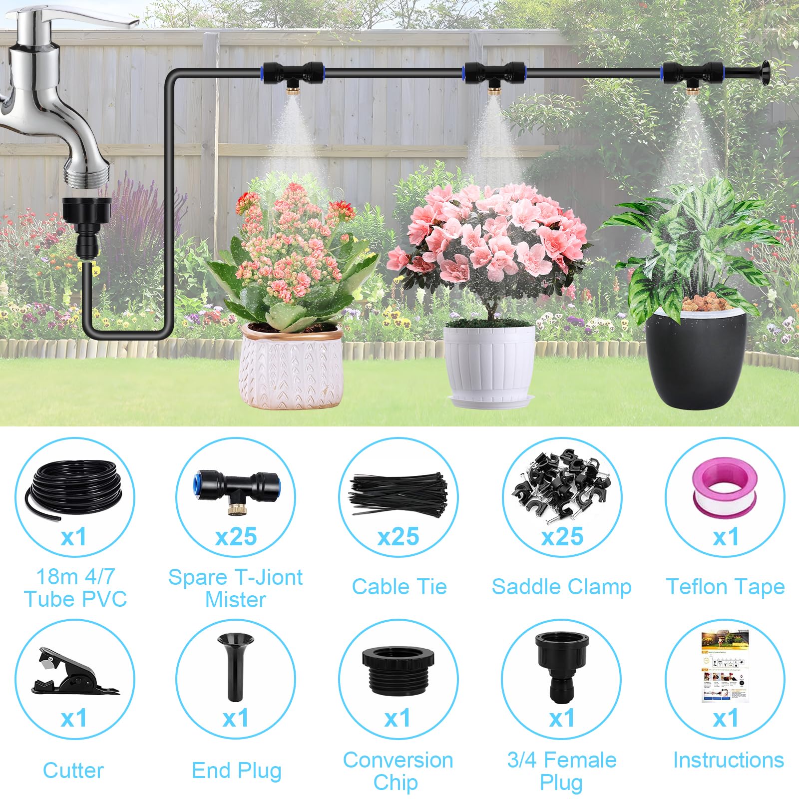 18M Sprühnebel Kühlung Bewässerungs System, 106Pcs Sprühnebel Kühlung Set, Kühlnebelsystem im Freien, Geeignet für Veranstaltungen im Freien, Gärten, Terrassen, Sonnenschirme und Dach