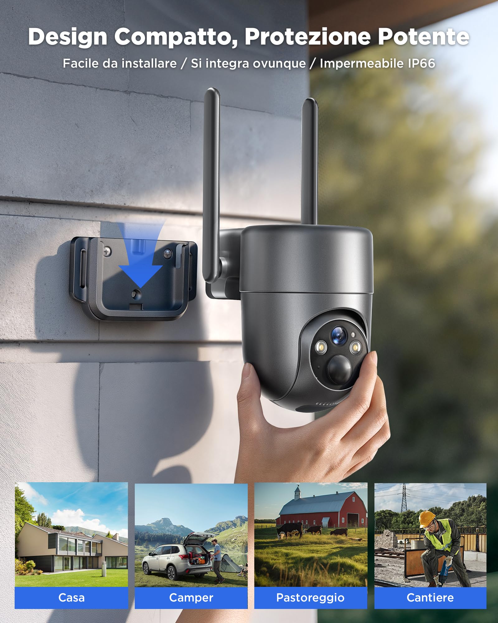 4G LTE Telecamera Esterno Solare con SIM Senza Fili, 2K Telecamera con Pannello Solare e Batteria, 360° PTZ, Visione Notturna a Colori, Rilevamento PIR, Audio Bidirezionale, IP66, Senza WiFi