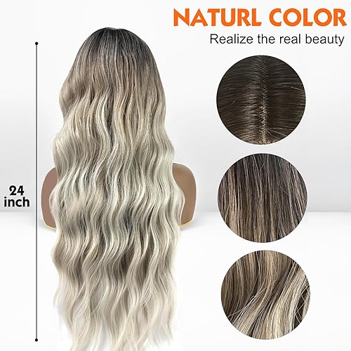 Miniatura 5 de JIASLY Ombre Brown to Blonde 41 U-Part Lace Front Wig for Women Synthetic Hair Long Wavy Wigs for Daily Party Cosplay-24 Inches