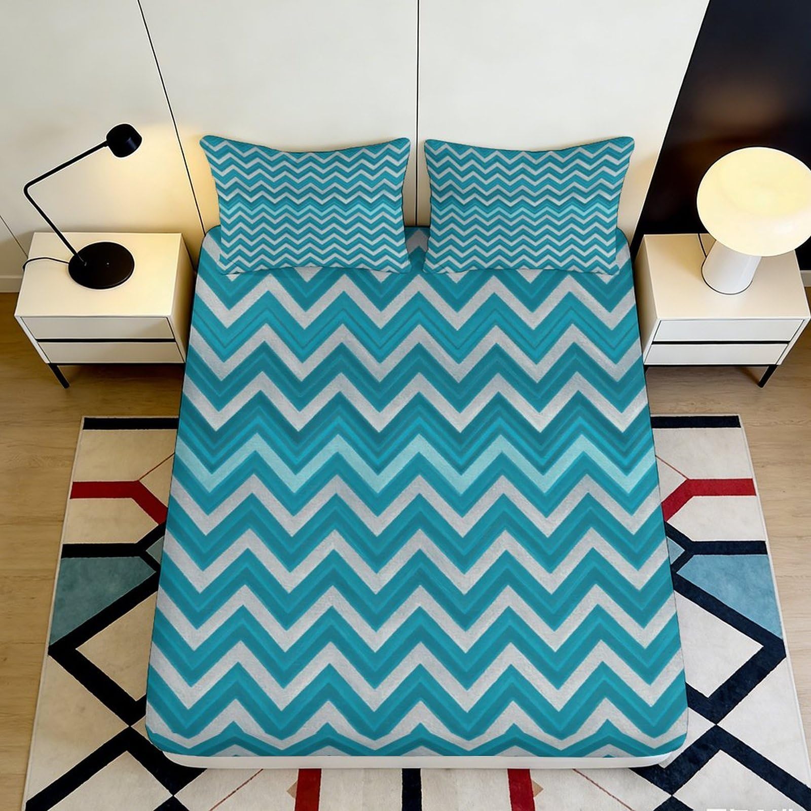 3D Printed Chevron Blue Fitted Sheet Microfiber Soft Mattress Cover for Bedroom Dorm Decor Protection 90x200x25cm