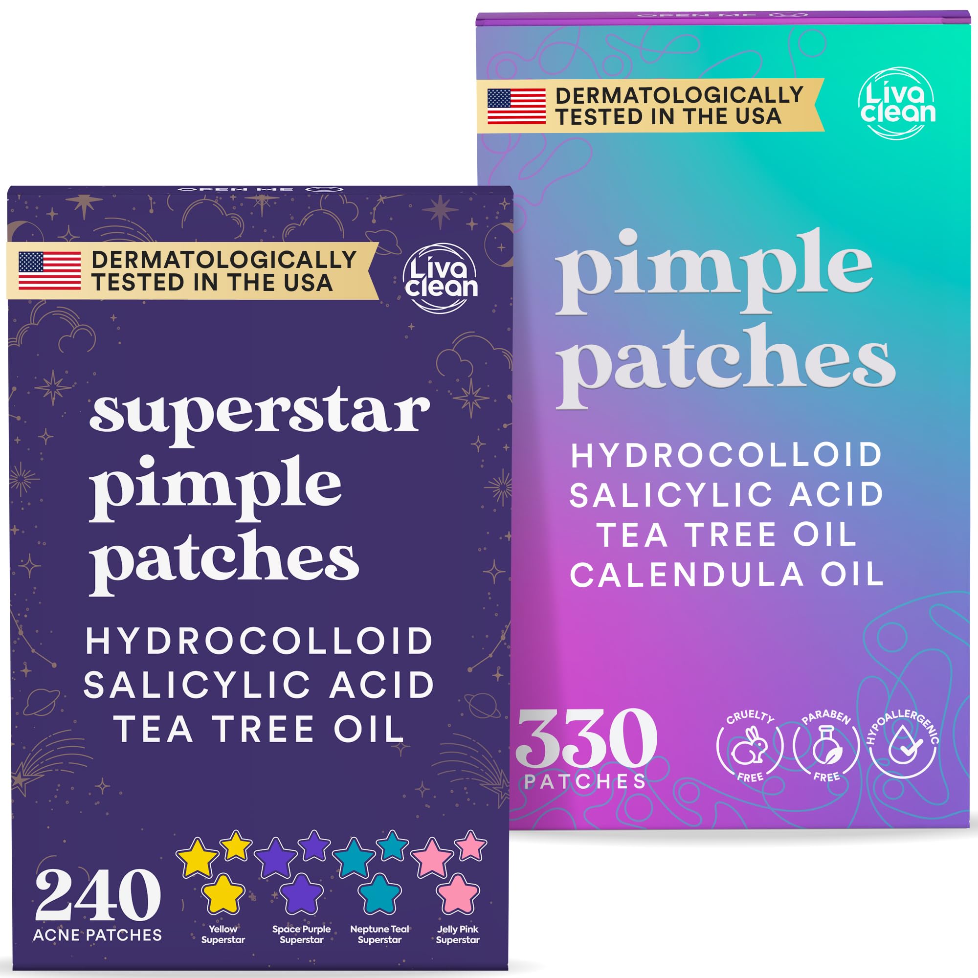 Livaclean 240 CT Star Pimple Patches for Face + 330 CT Acne Patches w/Tea Tree Oil, Salicylic Acid | Hydrocolloid Acne Patch | Cute Star Pimple Patch
