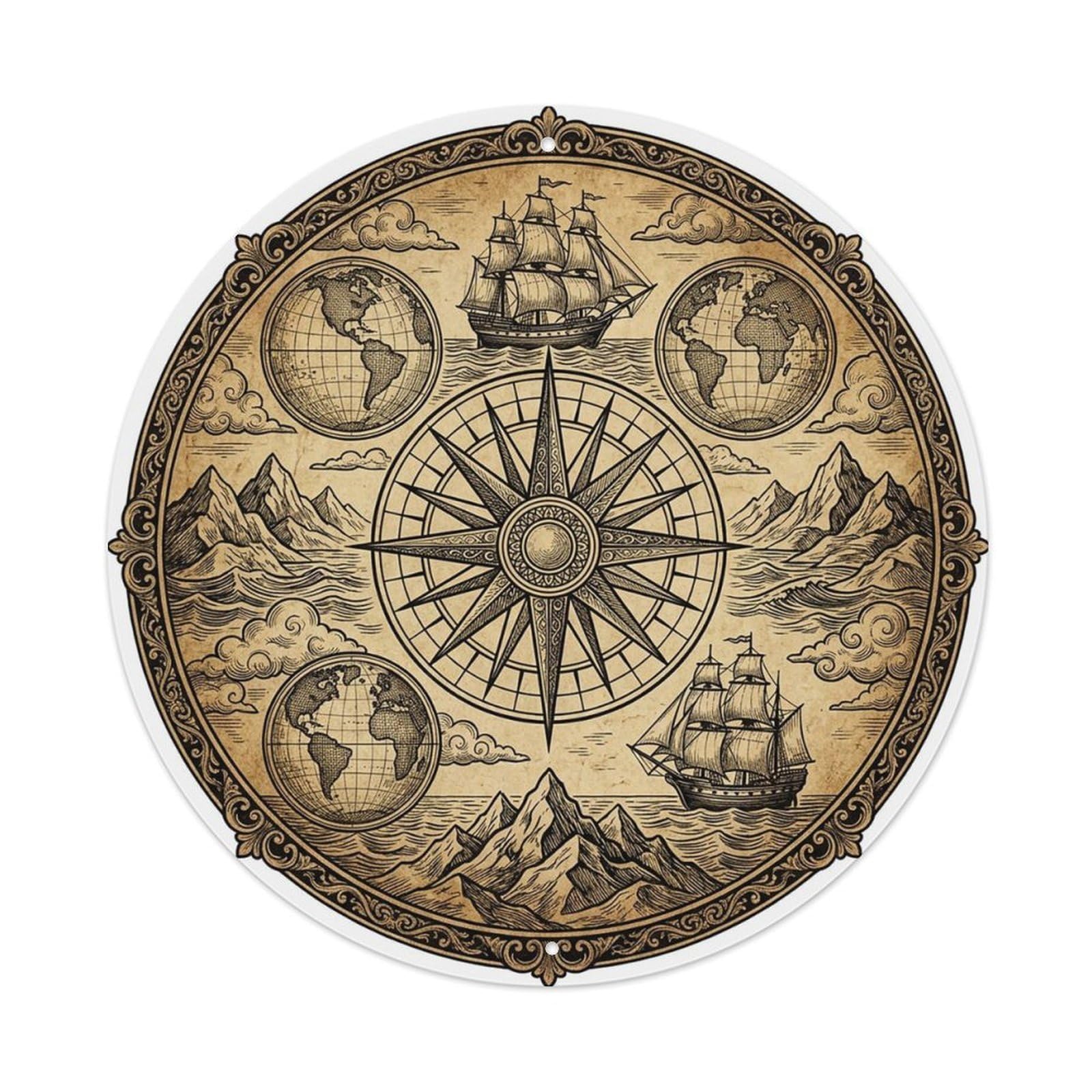 Vintage Nautical Compass World Map Sextant Path Metal Tin Sign
