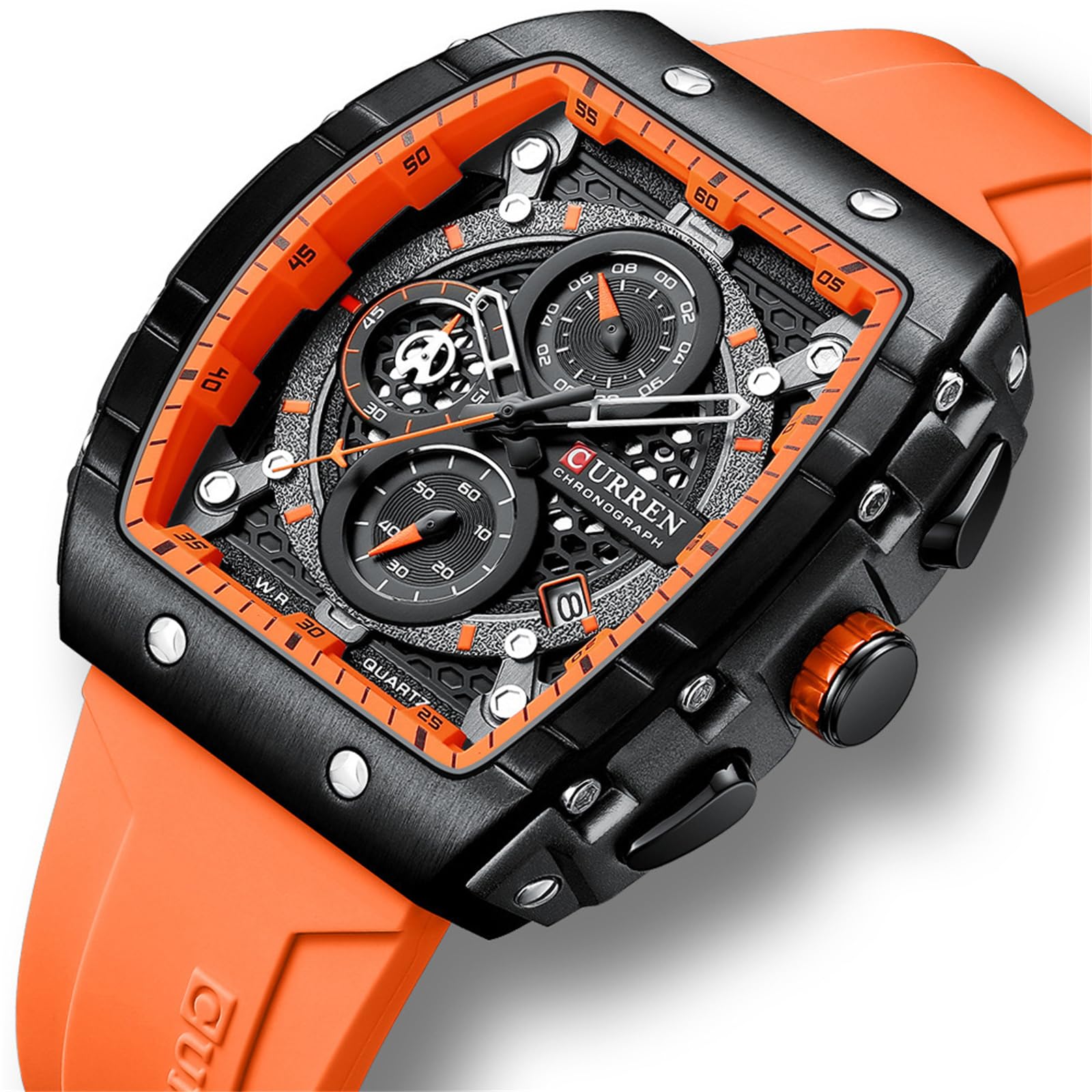 FORSINING Montre analogique à quartz pour homme - Grand cadran rectangulaire - Bracelet en silicone - Étanche - Calendrier - Date