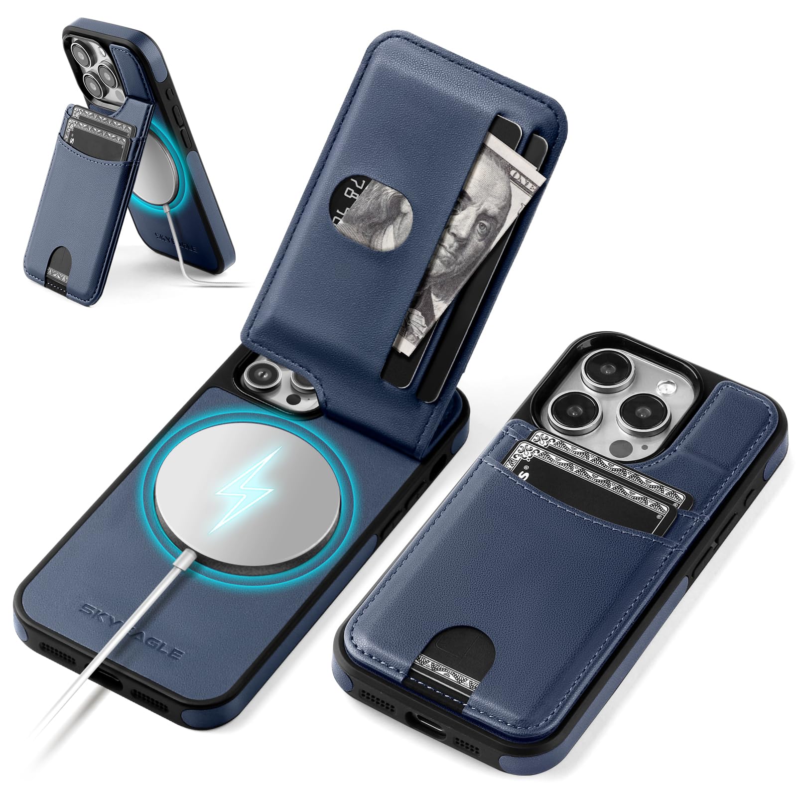 SkyEagle Compatible with Magsafe for iPhone 11 Pro Max Wallet Case with Card Holder Kickstand RFID Blocking Flip Cover Credit Card Slots PU Leather