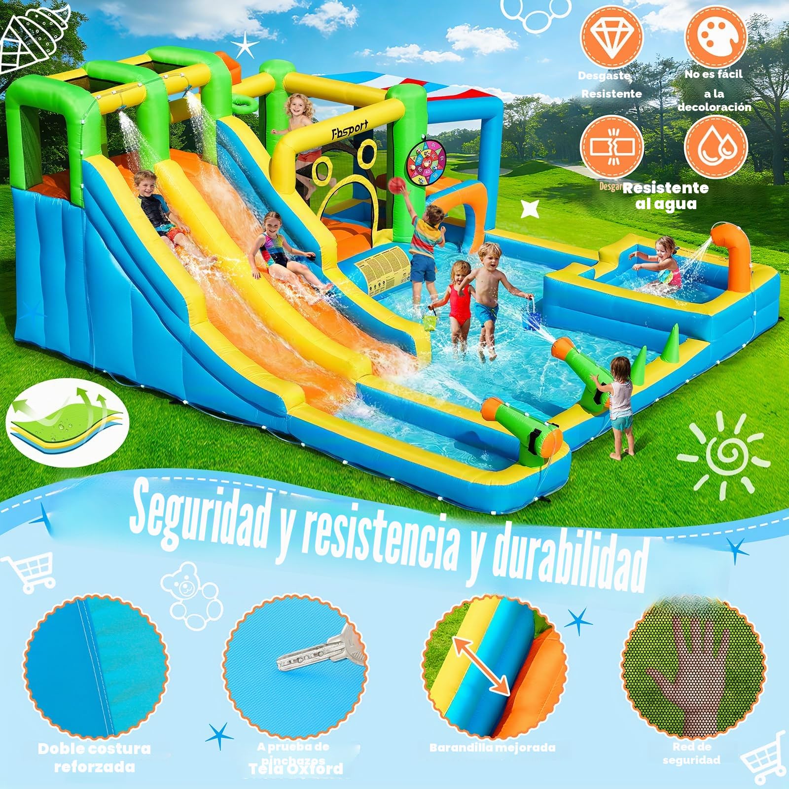 Castillo Hinchable Grande con 2 Toboganes de Agua, Parque Acuático Inflable para Niños con Trampolín, Piscina, Canasta de Baloncesto, Pared de Escalada, Uso Interior Exterior 445x403x200 cm