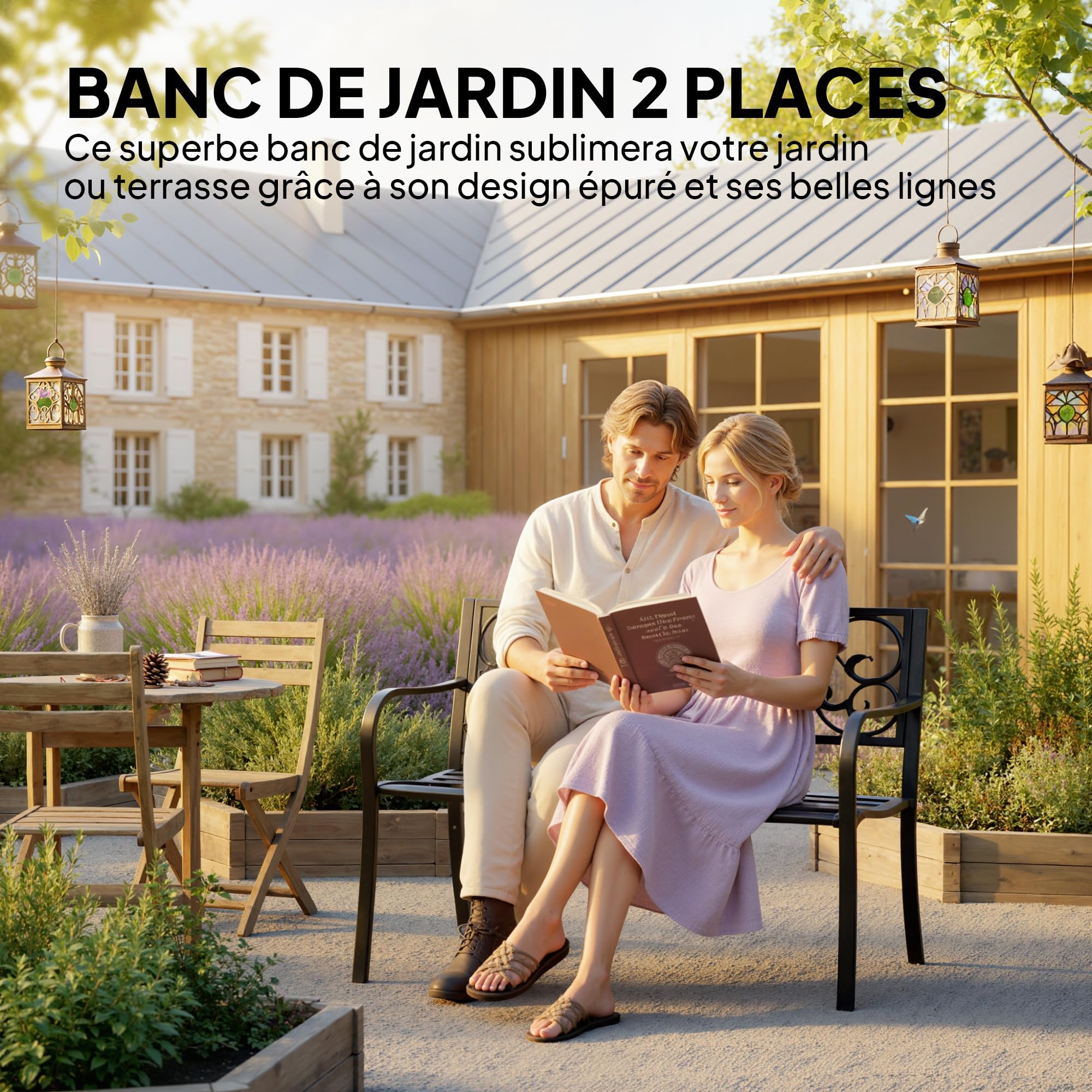 Outsunny Banc de Jardin 3 Places terrasse Style Cosy Chic 127L x 60l x 85H cm métal époxy anticorrosion Noir
