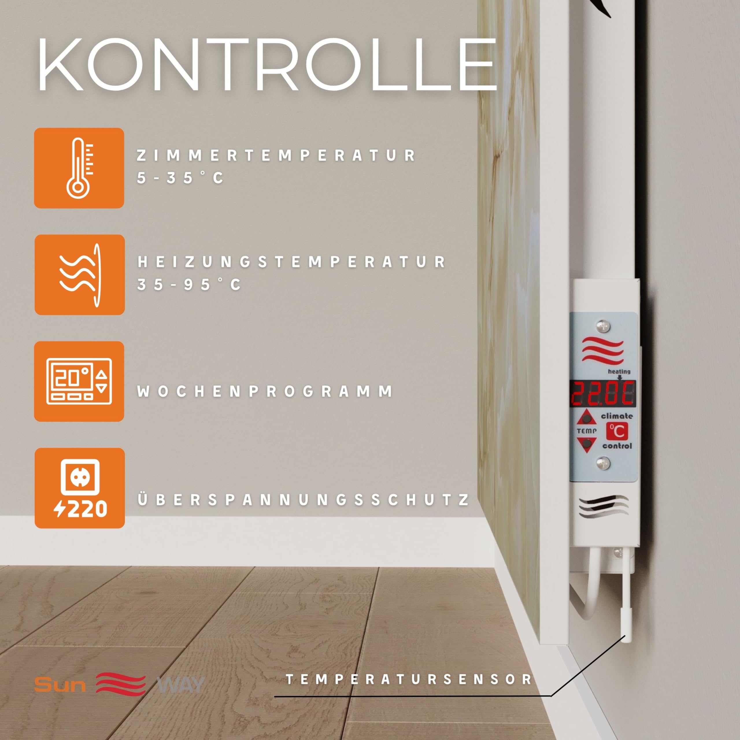 Ceramiczny grzejnik. Konwektor podczerwieni. Sun WAY TCH-RA 750 watt | Ogrzewanie do 15 m² | Z wbudowanym programatorem