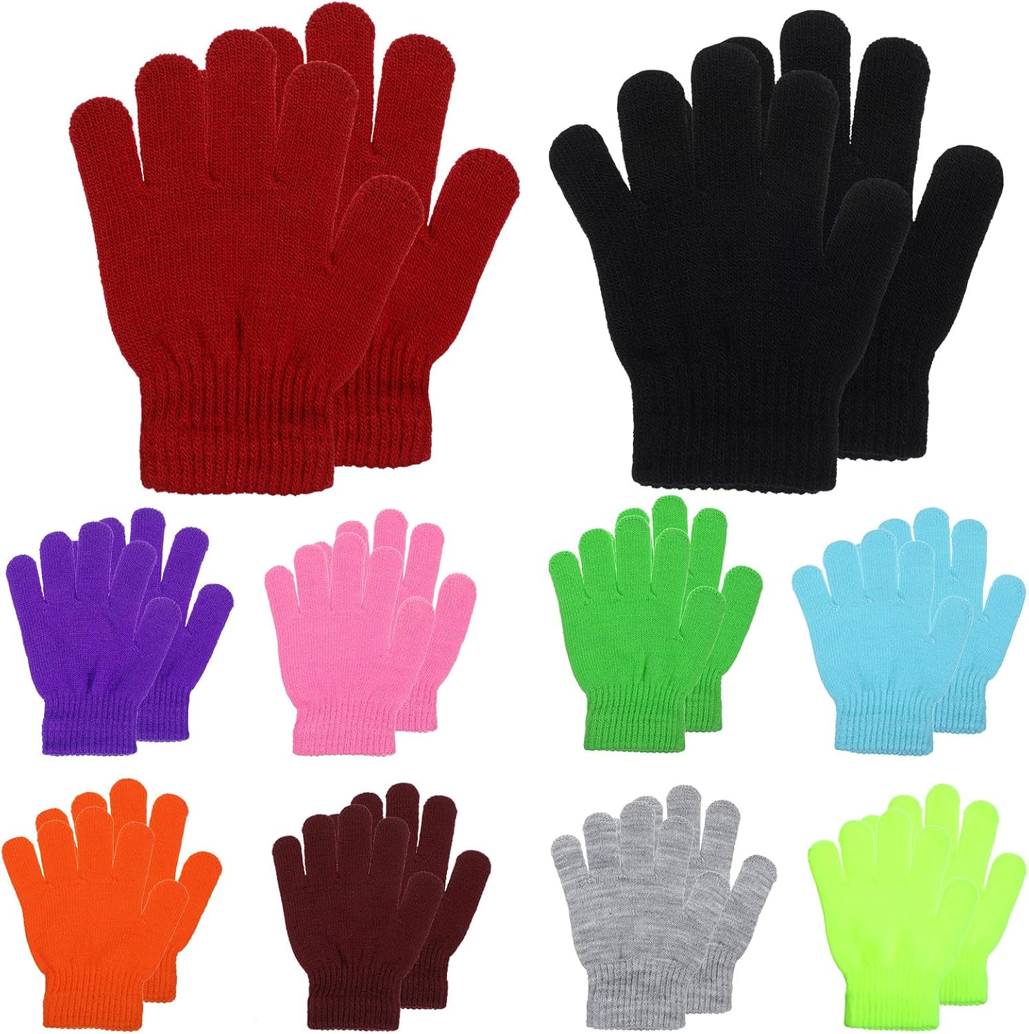 Grevosea 10 Pairs Kids Winter Gloves Full Fingers Knit Stretchy Warm Gloves Black Glove Bulk for Boys Girls 5.5" 3-10 Years