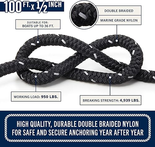 Miniatura 43 de RainierSupplyCo - Cuerda de anclaje para barco, cuerda marina de doble trenzada, línea de anclaje de cuerda marina de 100/150/200/300 pies con dedal