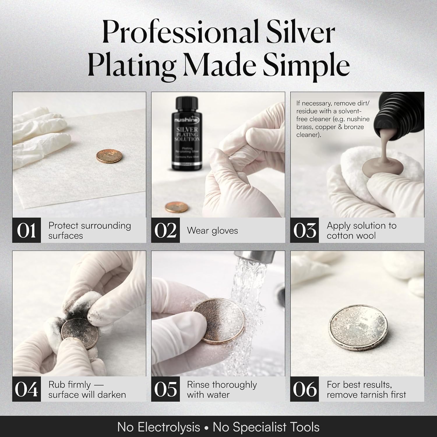 Nushine Silver Plating Solution 1.7 Oz - permanently plate PURE SLIVER onto worn silver, brass, copper and bronze (ecofriendly formula)