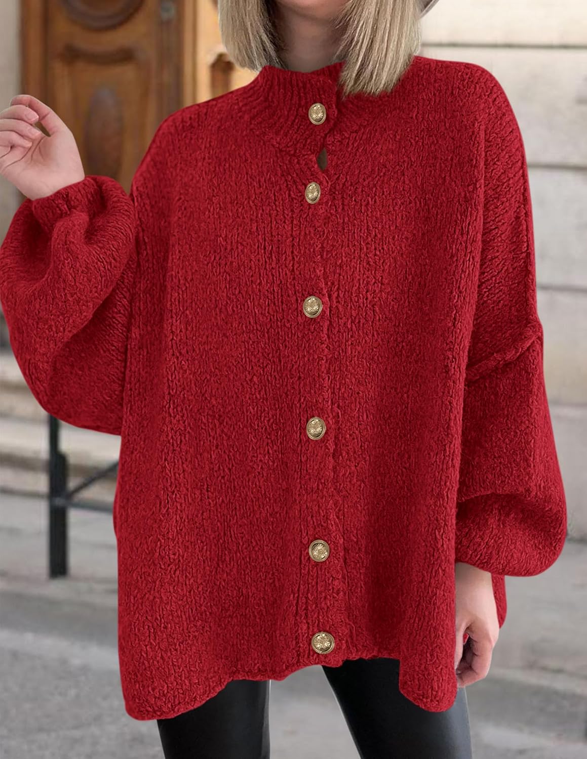 PRETTYGARDEN Women's Winter Button Down Cardigan Sweaters Mock Neck Lantern Long Sleeve Chunky Knit Jacket Trendy Outerwear - Image 8