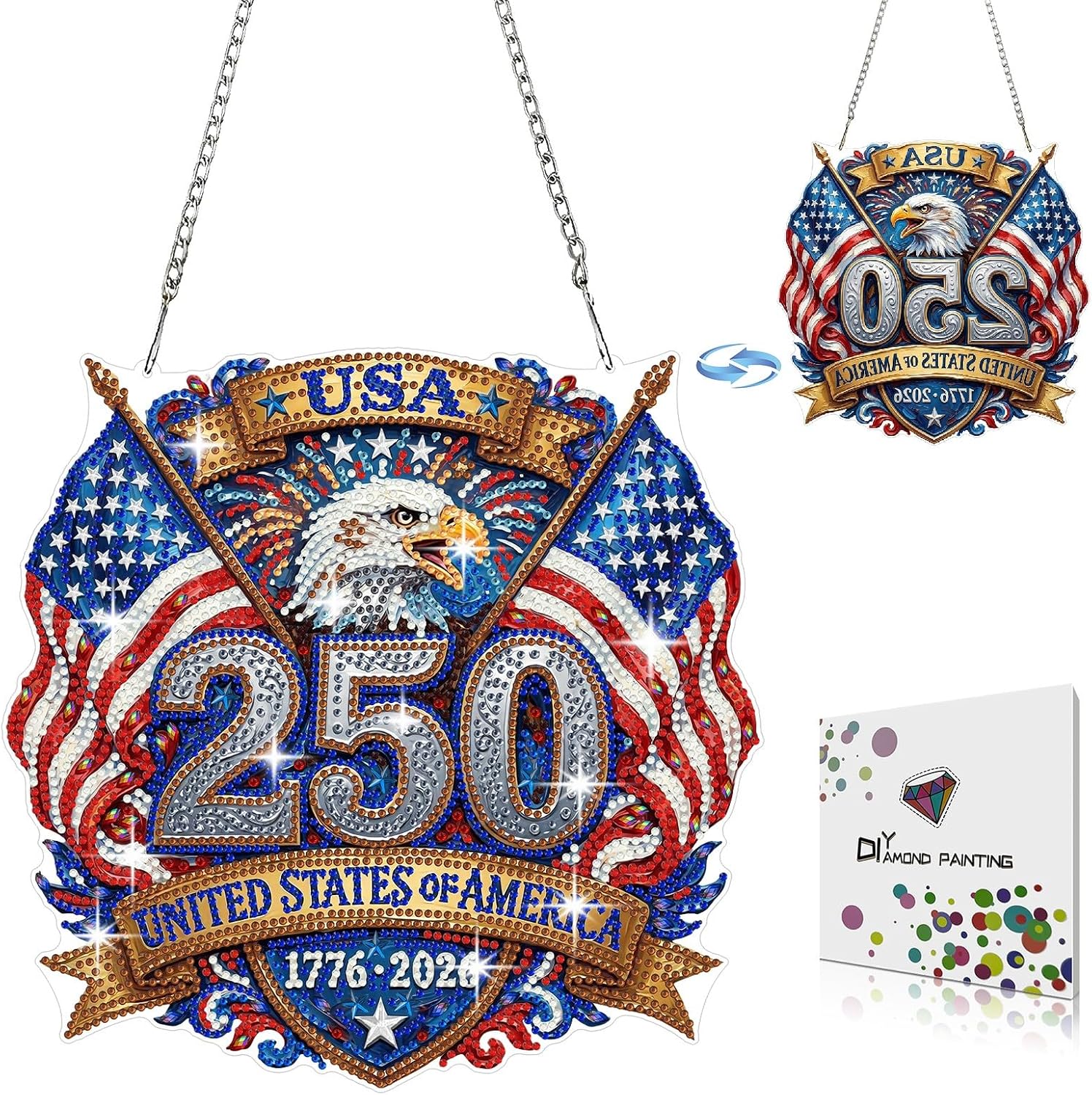 DIYDeligths 250th Anniversary Diamond Art Hanging Kit for Adults July 4th DIY Patriotic Diamonds Painting Door Hanger Pendant Kit Double Sided Pattern Window Garden Decor (Eagle Flag)