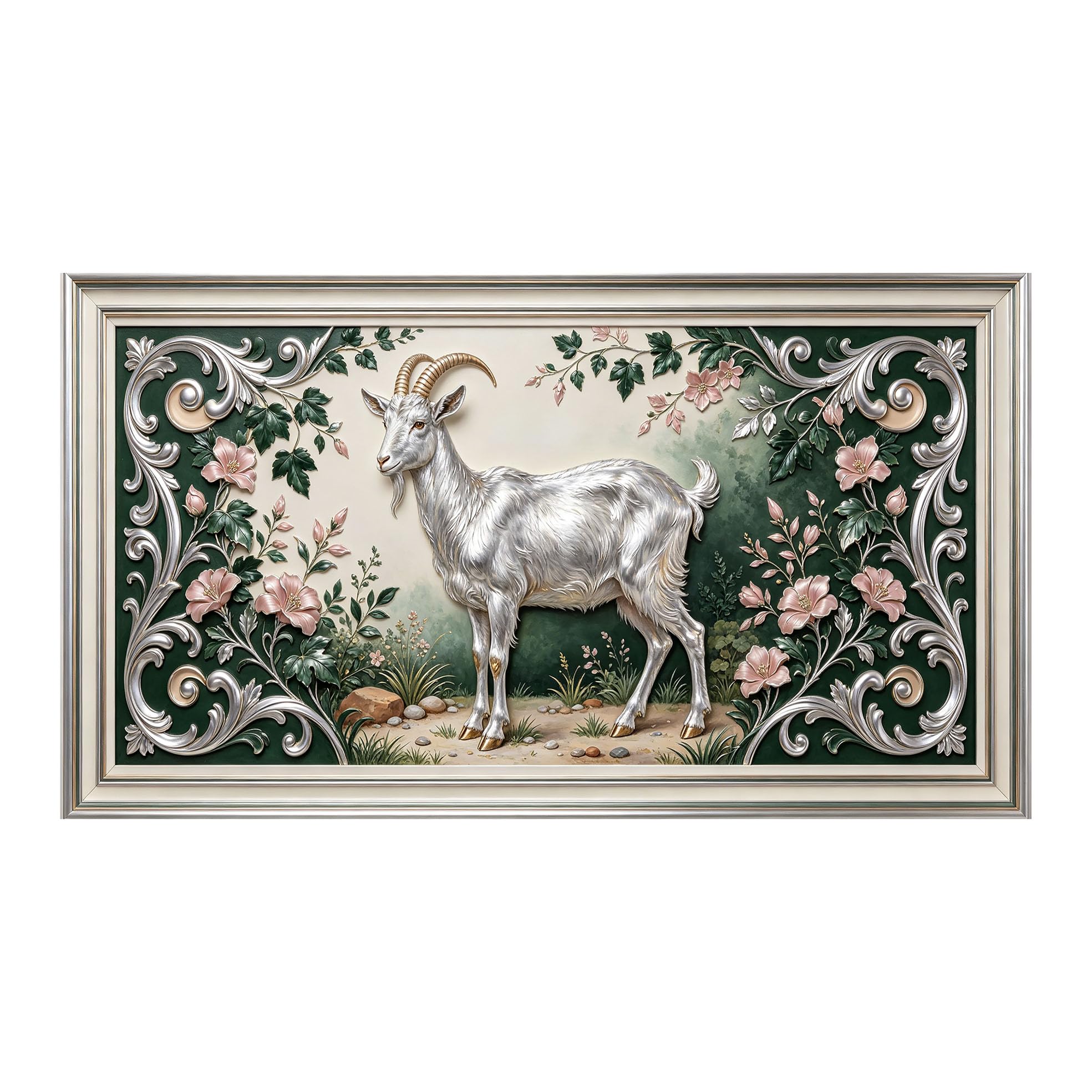 Yzpallescene 3D 3D Framed Wall Art 50cm×90cm Elegant Goat Floral Baroque Relief Effect Large Size SelfAdhesive Removable Wall Decor Prints Artwork for Living Room Bedroom Office