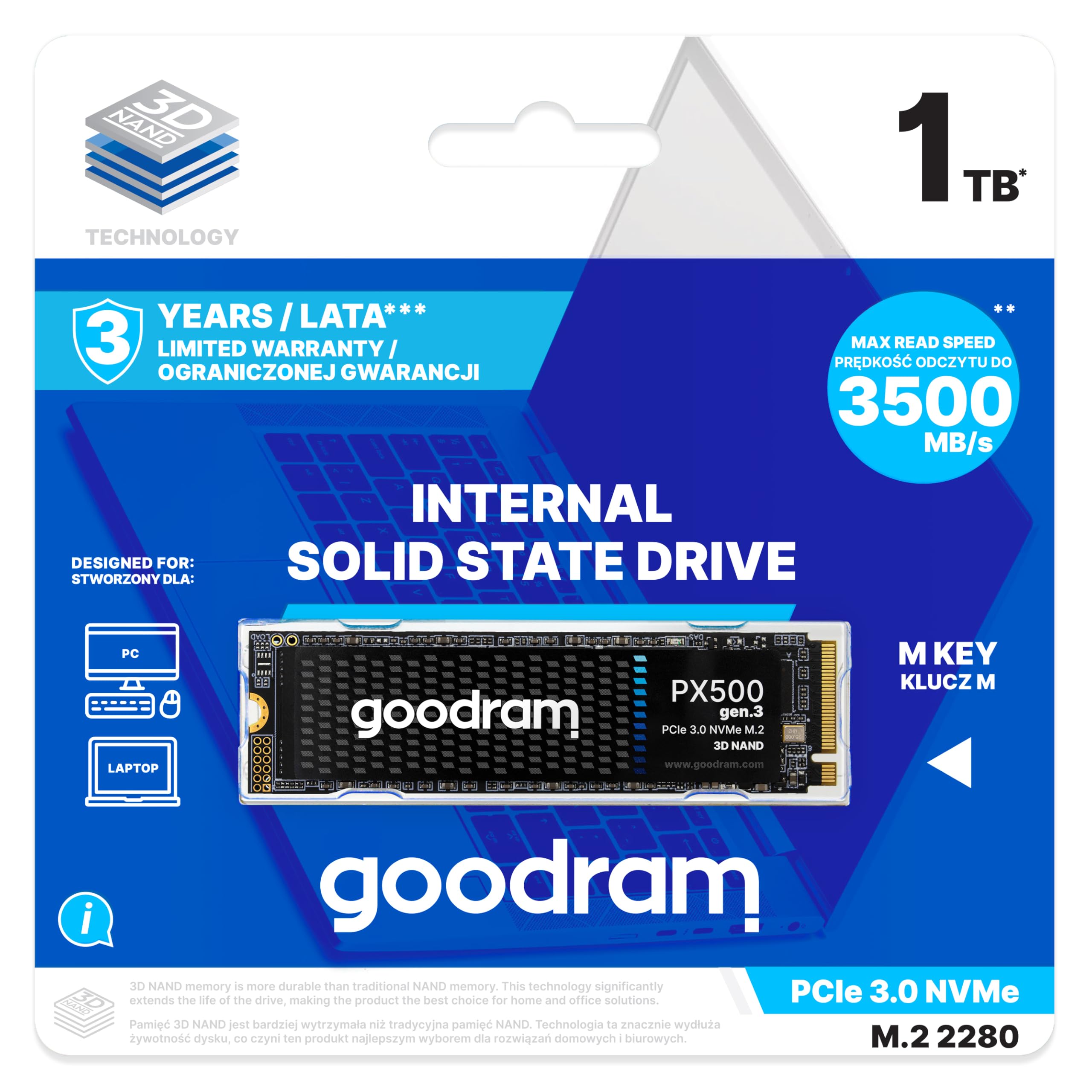 goodram - Disco SSD - PX500 Gen. 3 M.2 - Disco Duro Interno - PCIe Gen. 3 x4 - Formato Compacto 2280 - para Consolas, portátiles - 1 TB