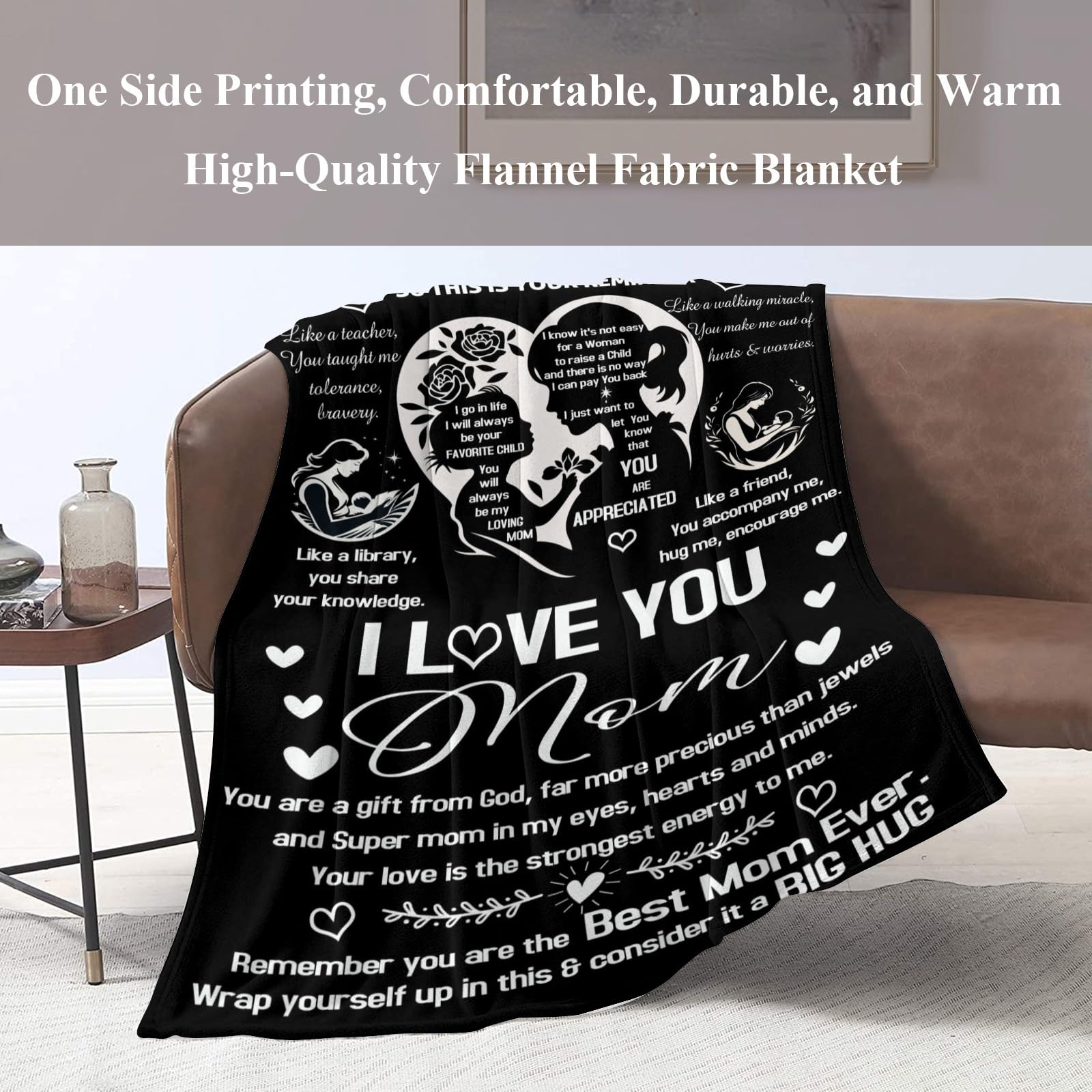 Naniopick Überwurfdecke „I Love Mom“ – 127x152 Cm, 340 G/m² Flanell, Weich & Warm, Geschenk Für Mutter Zum Geburtstag, Weihnachten