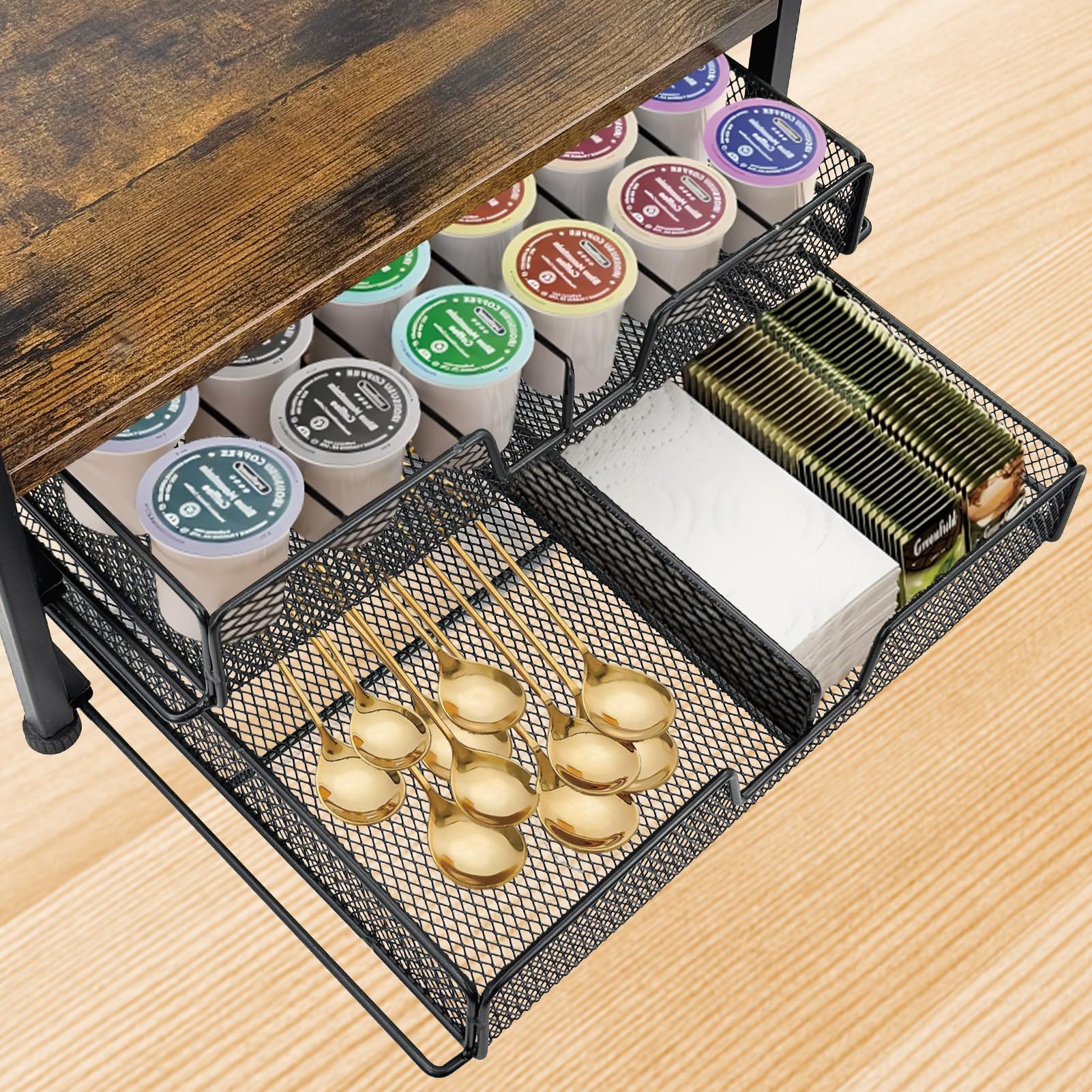 Organizador de estación de café para encimera, organizador de cápsulas de café de 2 niveles con capacidad para hasta 60 K, estación matcha, soporte para tazas con 6 ganchos, estante multifuncional 4