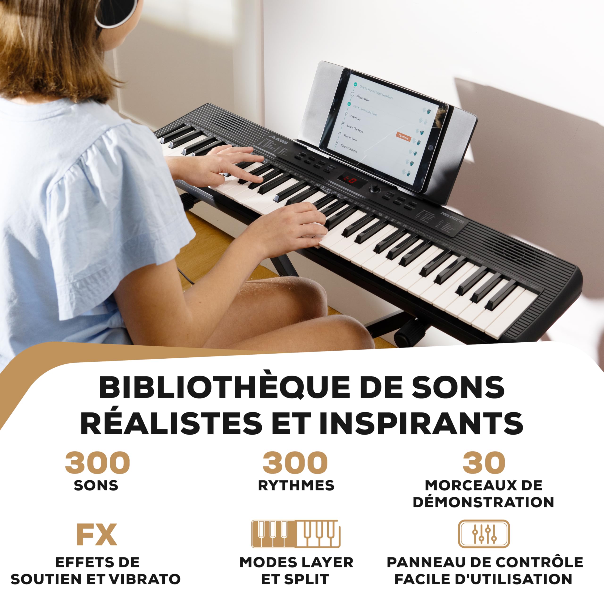 Alesis Melody 61 Piano Numérique 61 Touches pour Débutants avec Haut-Parleurs, Support, Banc, Casque, Pupitre, 300 Sons et des Leçons de Musique