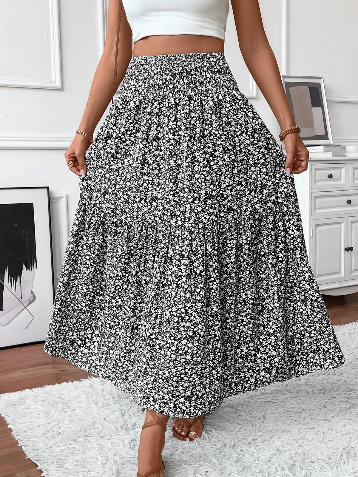 LIAMERHE Jupe Longue Femme d'été Maxi Jupe Bohème Ligne A Taille Haute Élastique Jupes Imprimé Jupe de Plage Jupe de Loisirs Décontractée Chic Taille Unique