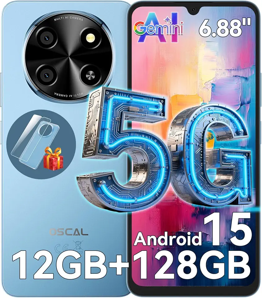 OSCAL Tiger 8 6.88" HD+ 120Hz Telefonos Movile 5G AI, DokeOS(Android 15 Pro), 12GB+128GB/2TB TF Smartphone, 16MP+8MP Smartphone 5G Dual SIM, Face ID/Fingerprint/OTG/GPS/Funda de Móvil/Pago NFC