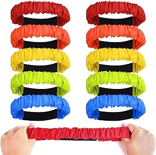AIEX 10pcs 3 Legged Race Bands for Adults Kids, Colorful Legged Race Bands Elastic Tie Rope with Magic Adhesives for Relay Race Game, Field Day, Backyard, Team Games (5 Colors)
