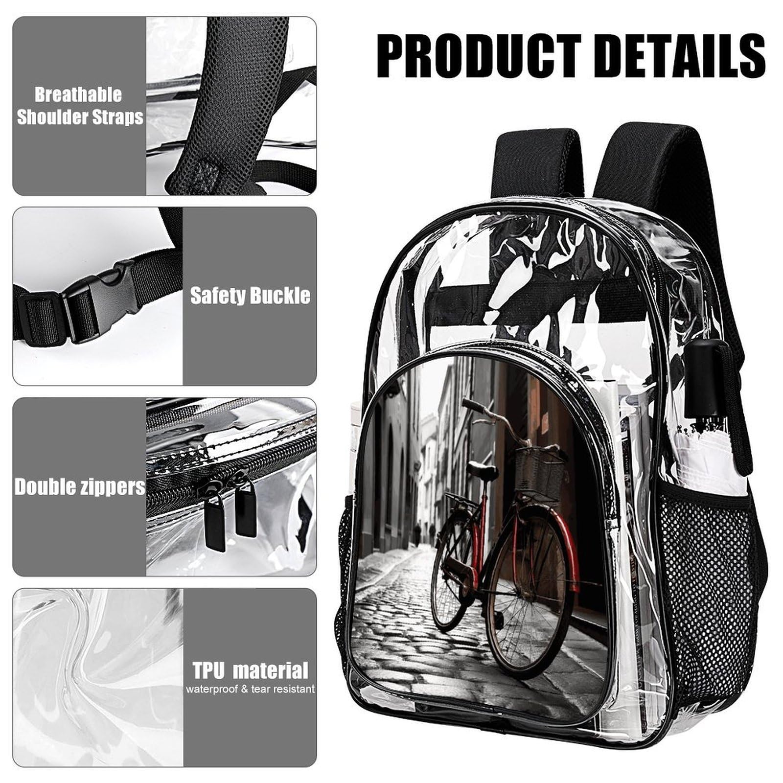 Street Bicycle Transparenter Rucksack, groß, transparent, PVC, Büchertasche für Sicherheit, Arbeit, Reisen, Stadion
