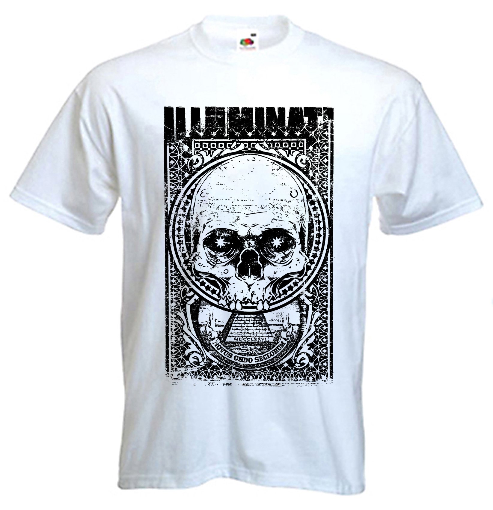 Tribal T-Shirts Men's White Illuminati Skull T-Shirt (Large, )