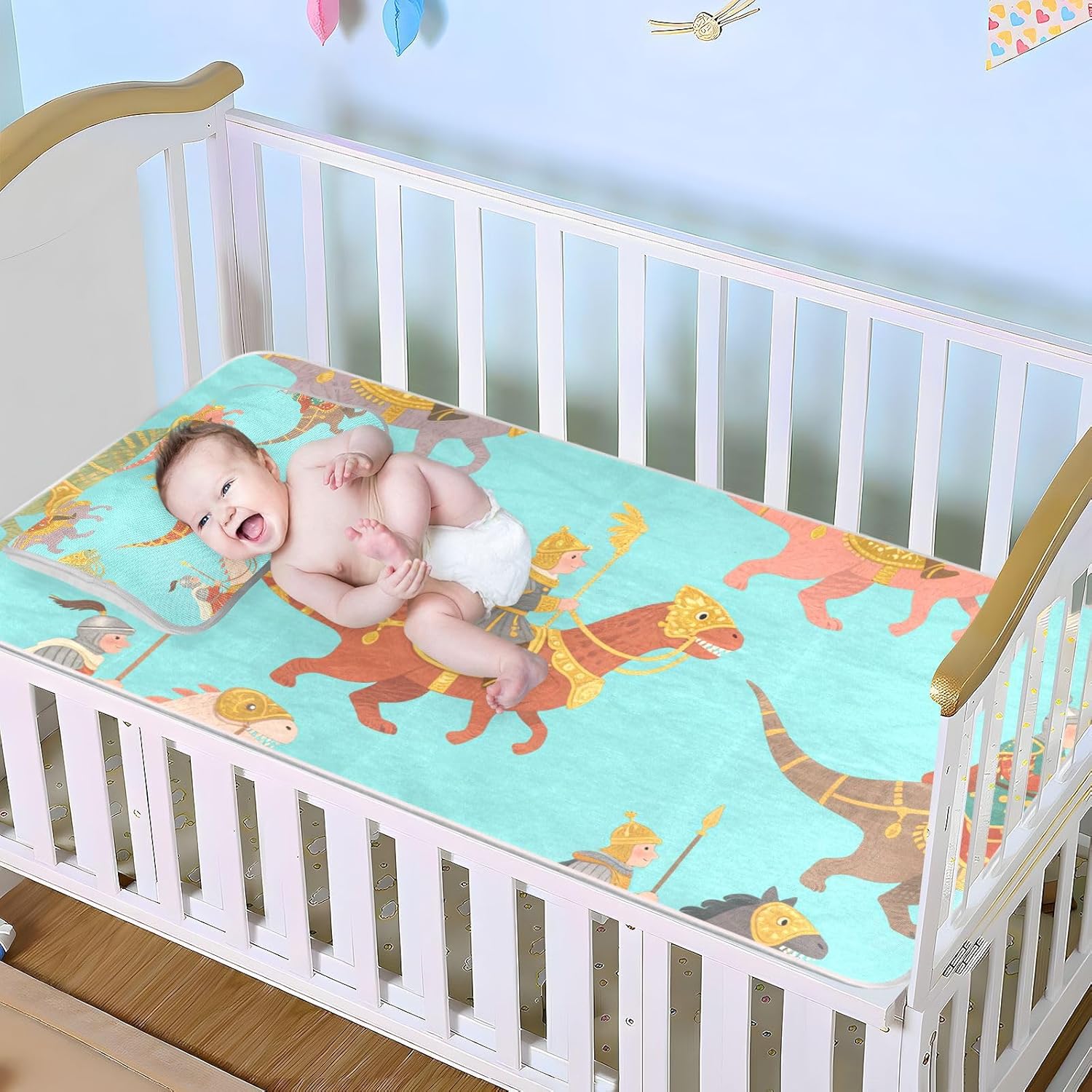 Cute Cartoon Dinosaur Knight Cooling Baby Mattress Protector Pads 28" x 52" Breathable Bed Pads Disposable for Baby&Toddler