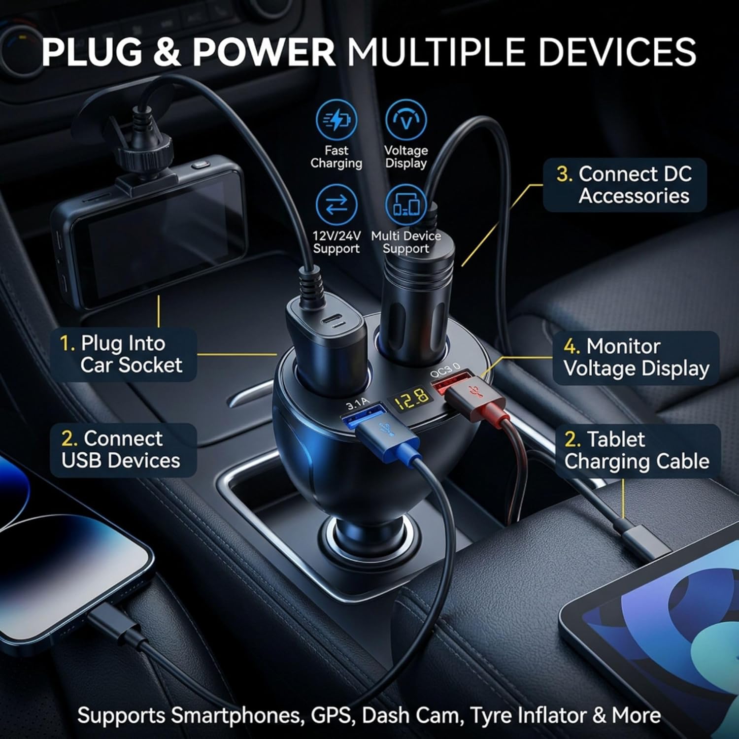 SARTE 120W Car Charger Adapter with Dual Cigarette Lighter Socket & Dual USB Fast Charging, LED Voltage Display, 12V/24V Car Power Splitter for Car, SUV, Truck, Bus, Mobile, GPS & Dash Cam (Black) 3 SARTE 120W Car Charger Adapter with Dual Cigarette Lighter Socket & Dual USB Fast Charging, LED Voltage Display, 12V/24V Car Power Splitter for Car, SUV, Truck, Bus, Mobile, GPS & Dash Cam (Black) - Image 3