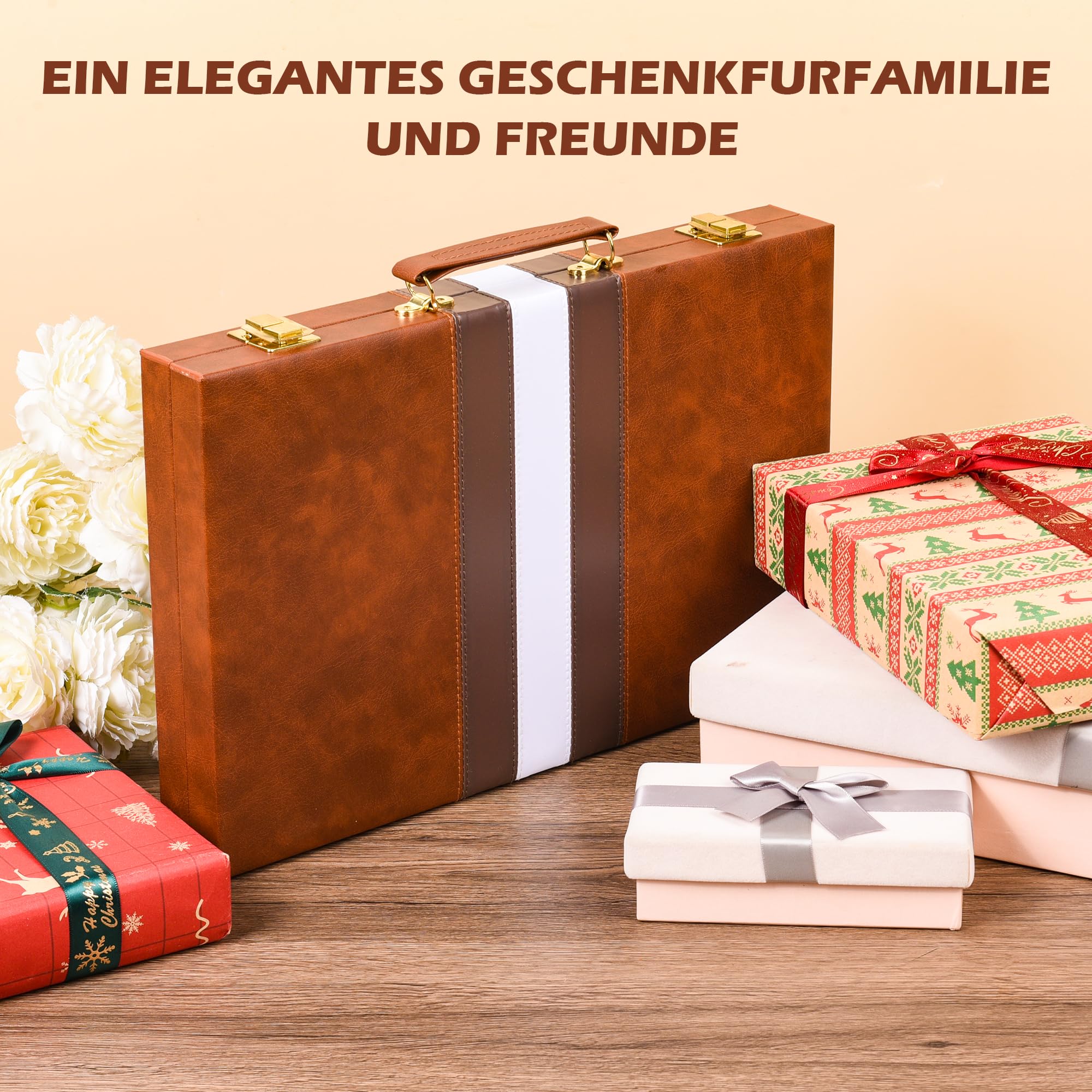 Backgammon Portatile 18 Pollici con Custodia in Ecopelle - Set da Viaggio Elegante, 30 Pedine + 4 Dadi - Gioco Classico Regalo per Adulti (Marrone) (18 pollici)