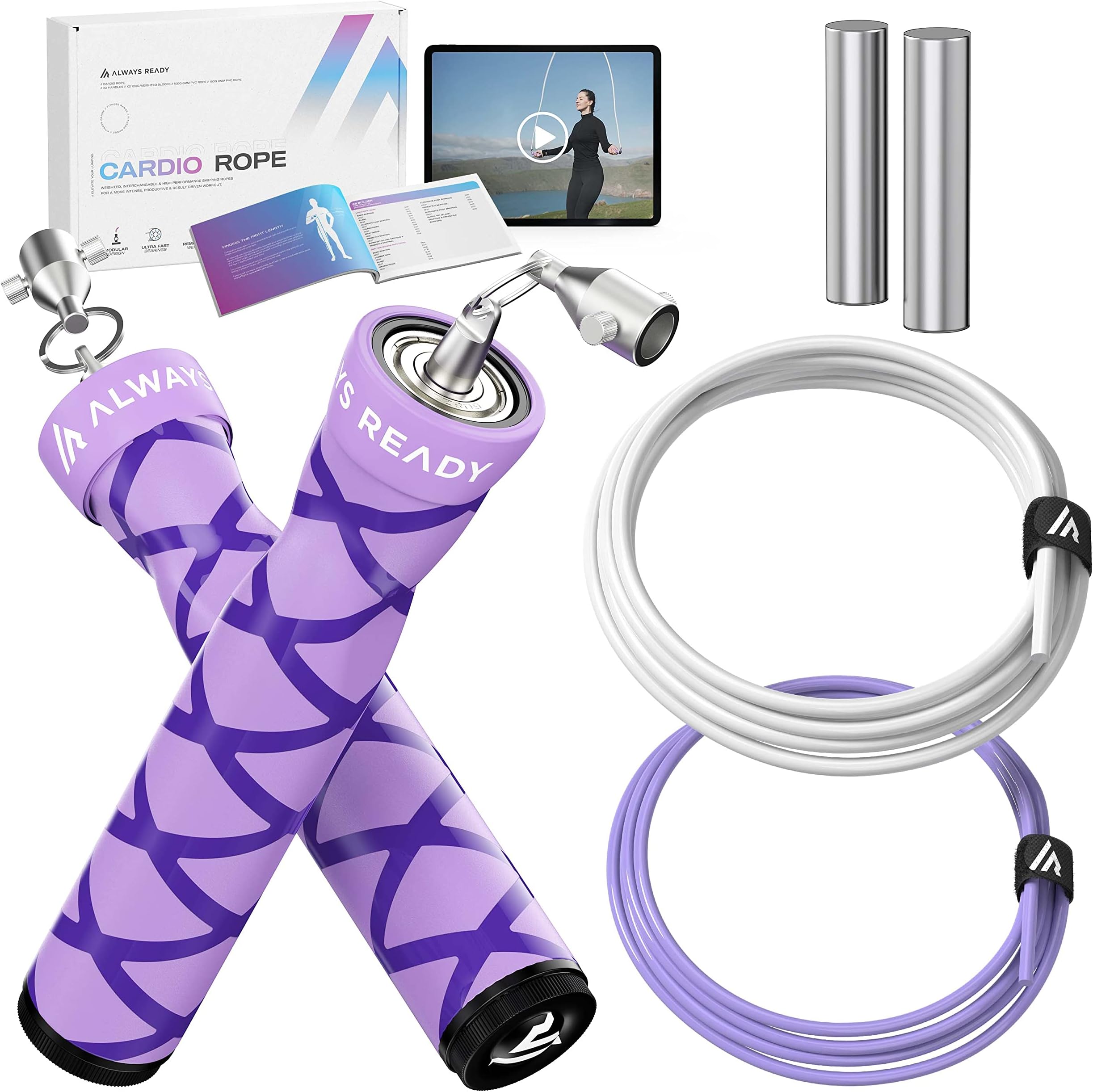 Always Ready Weighted Skipping Rope Adults, Fitness Skipping Rope, Fat Burning Home Workout, Adjustable Weight Blocks, with Interchangeable 2 Weighted Ropes & Exercise Instructions (English language