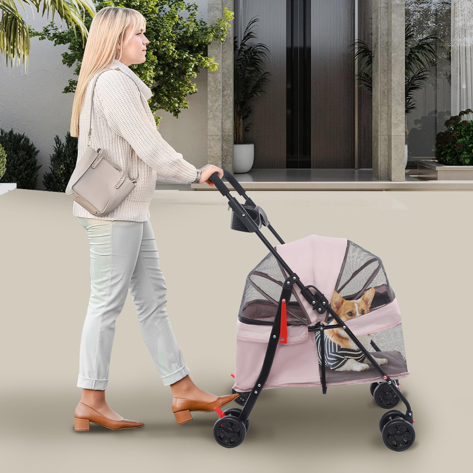 Passeggino per cani | Carrello pieghevole per cani e gatti | Portata fino a 18 kg | Ruote girevoli a 360° con freno, rete traspirante, leggero e trasportabile (grigio rosa chiaro)
