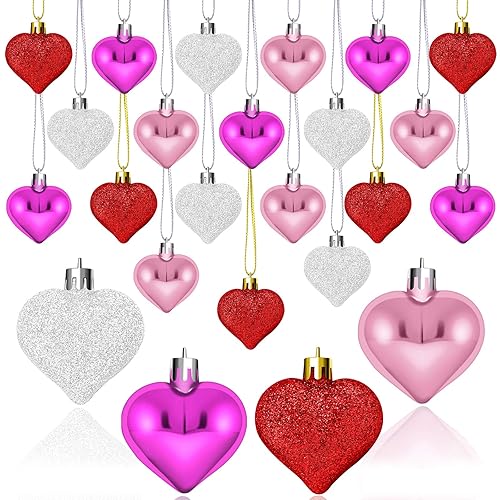 Elcoho 24 Pieces Valentine's Day Heart Baubles Ornaments Heart Shaped