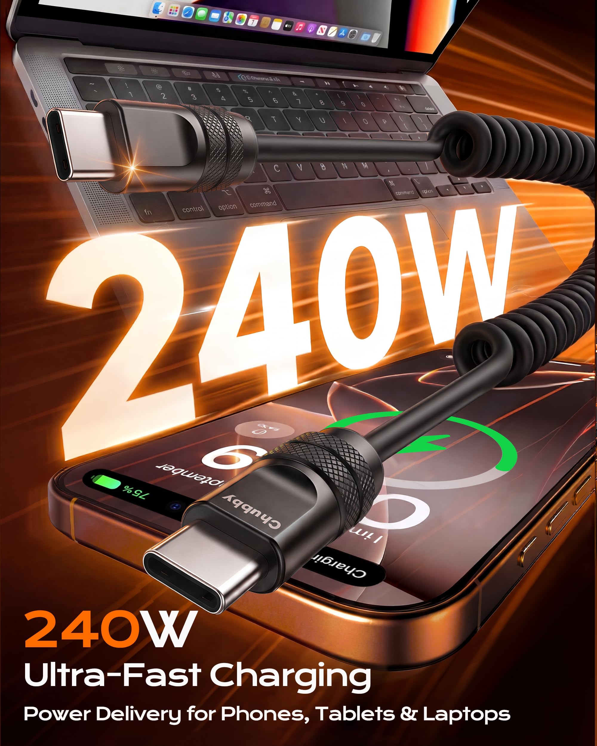 chubbycable Curly Chubby - Cavo USB C a spirale in silicone da 240 W, confezione da 2 [240H Sag-Free] Cavo di ricarica rapida a spirale per auto, cavo di ricarica retrattile per Android Auto e CarPlay