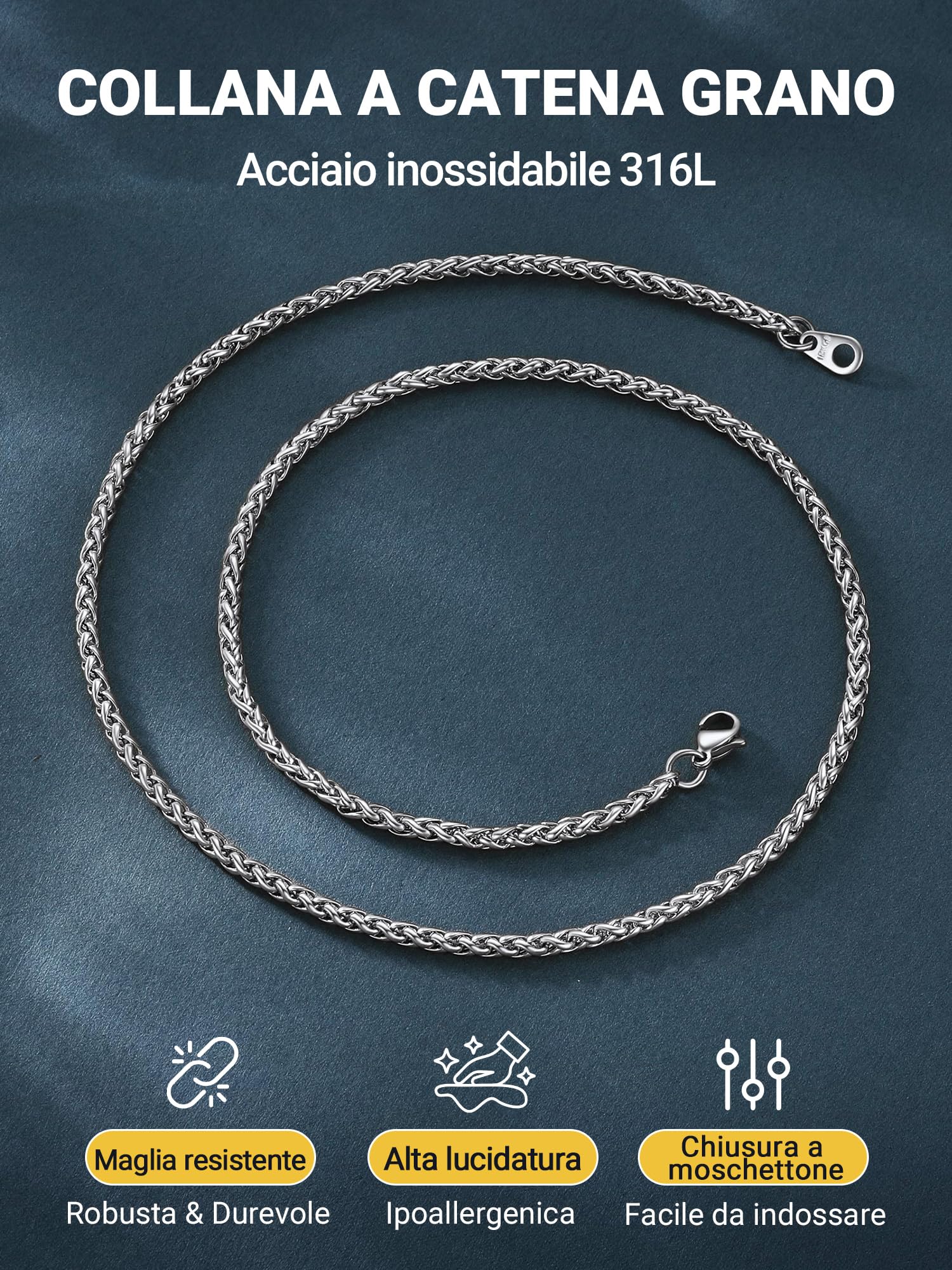 PROSTEEL Collana Uomo Donna, Catena a Maglia Spiga, Catena di Grano, Larghezza 2/3/6/9mm, 316L Acciaio Inox Chirurgico, Confezione Regalo Inclusa, Regalo Uomo Ragazzo