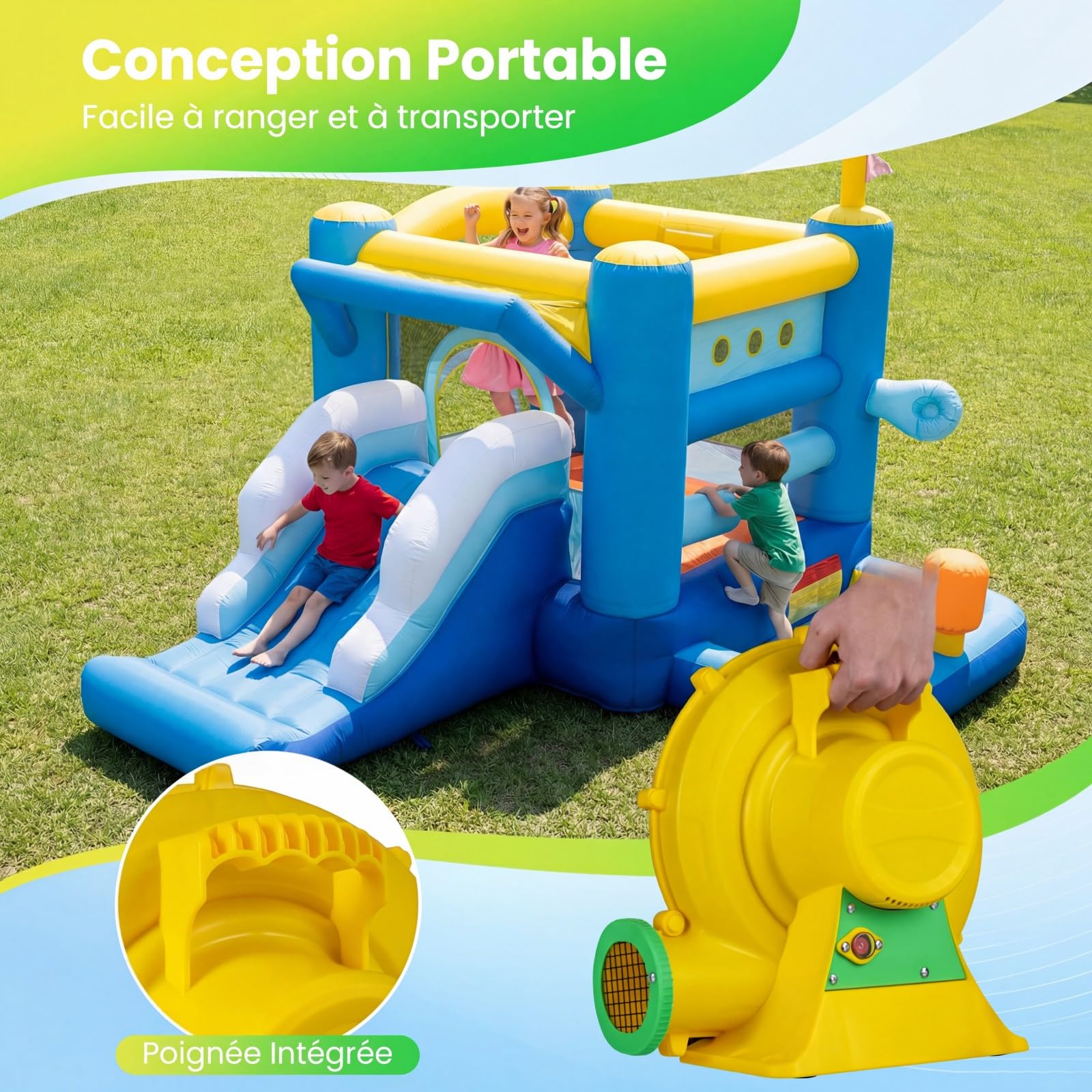 COSTWAY Gonfleur Électrique 350/450/550/680/750/850/950W avec Poignée Pratique & Piquets de Sol, Pompe à Air Électrique avec Cordon & Couvercle en Maille, Souffleur d'air pour Château Gonflable